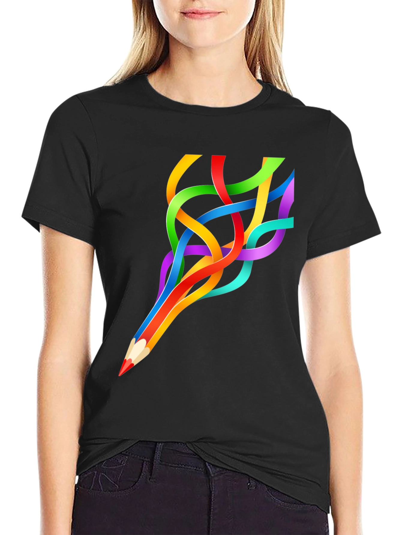 Black Colorful Pencil Stream T-Shirt view 2