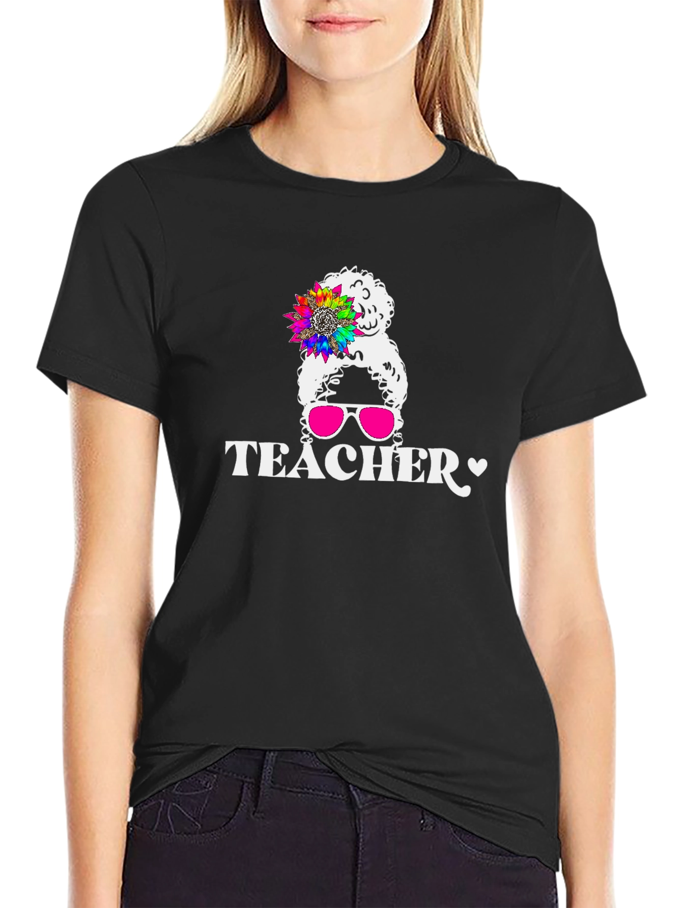 Black Teacher Messy Bun Graphic T-Shirt view 2