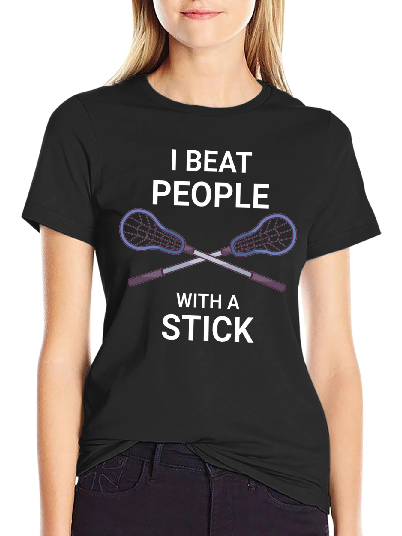 Black I Beat People With a Stick Lacrosse T-Shirt view 2