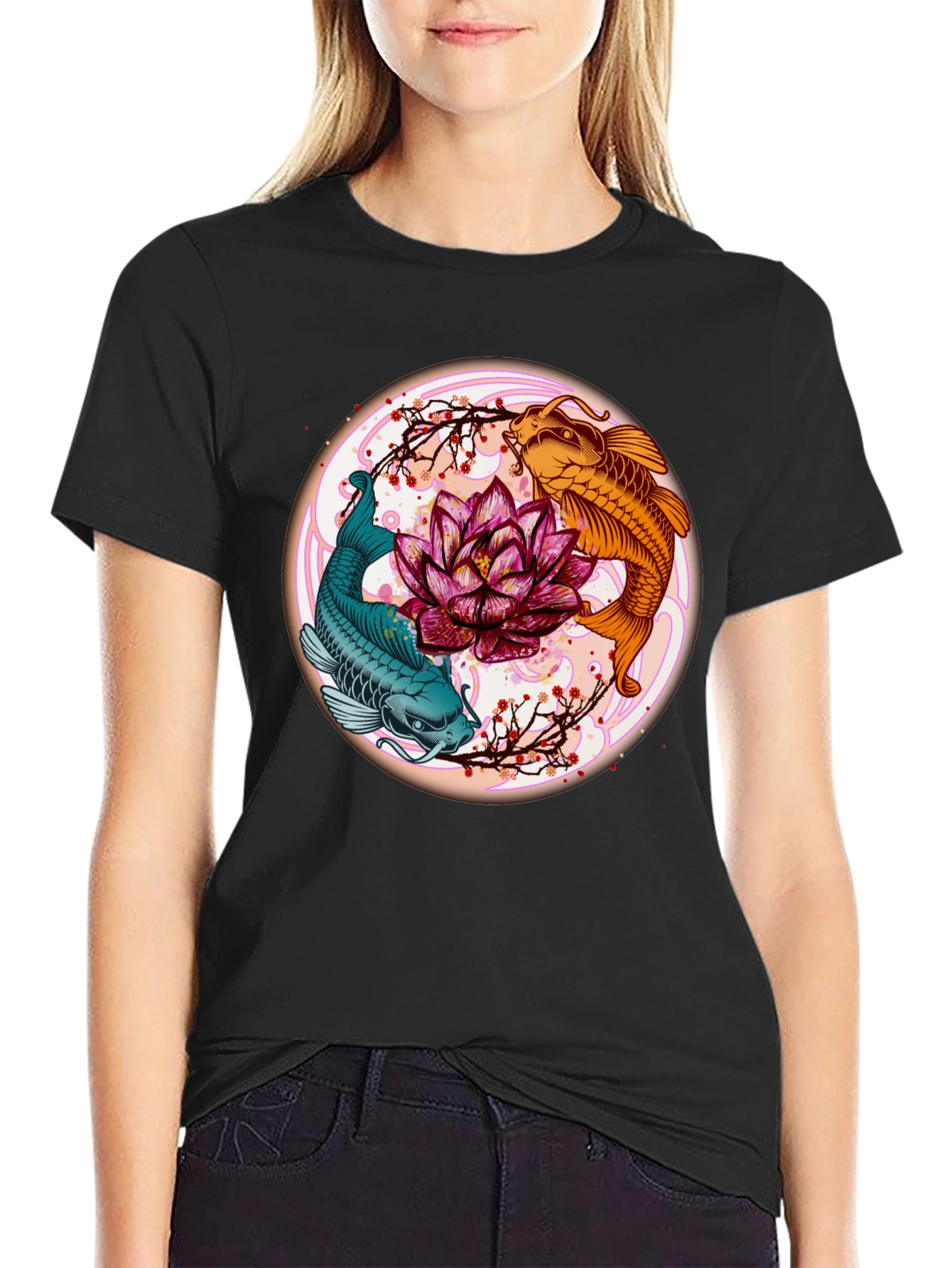 Black Koi Fish Lotus Blossom Graphic Tee - Men's Black T-Shirt view 2