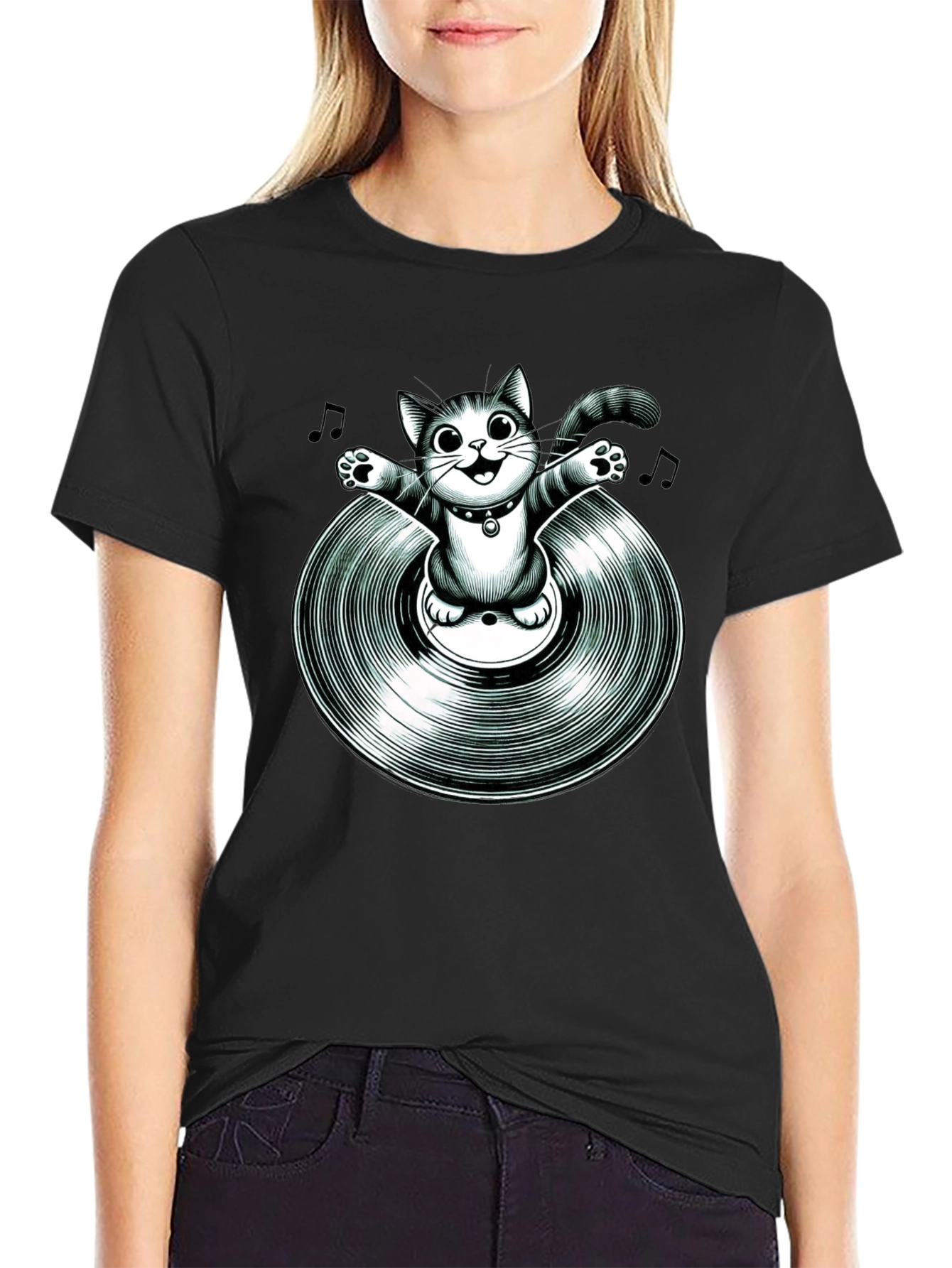 Black Cool Cat on Vinyl Record Graphic T-Shirt view 2
