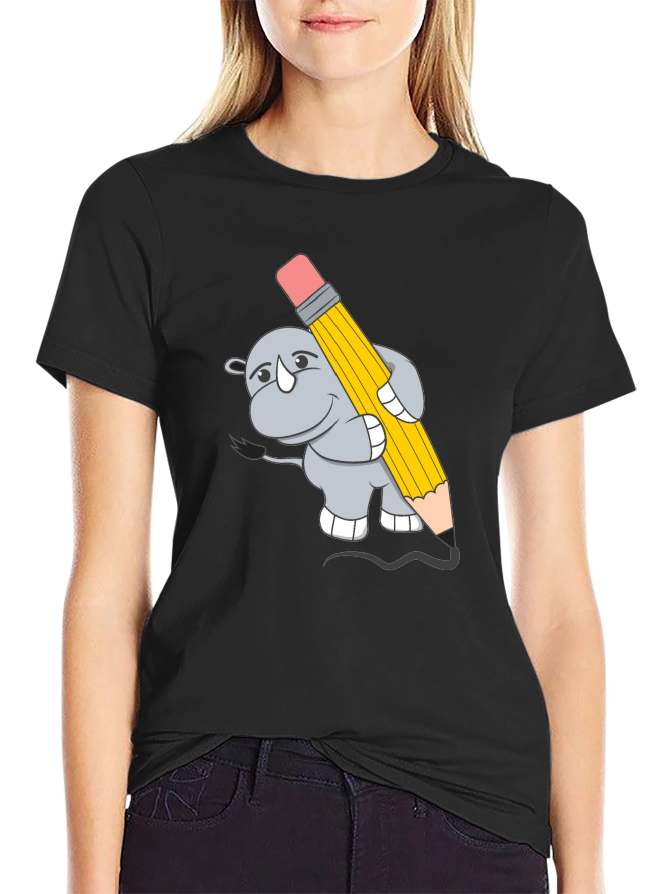 Black Rhino with Pencil Graphic Tee - Unisex Black T-Shirt view 2
