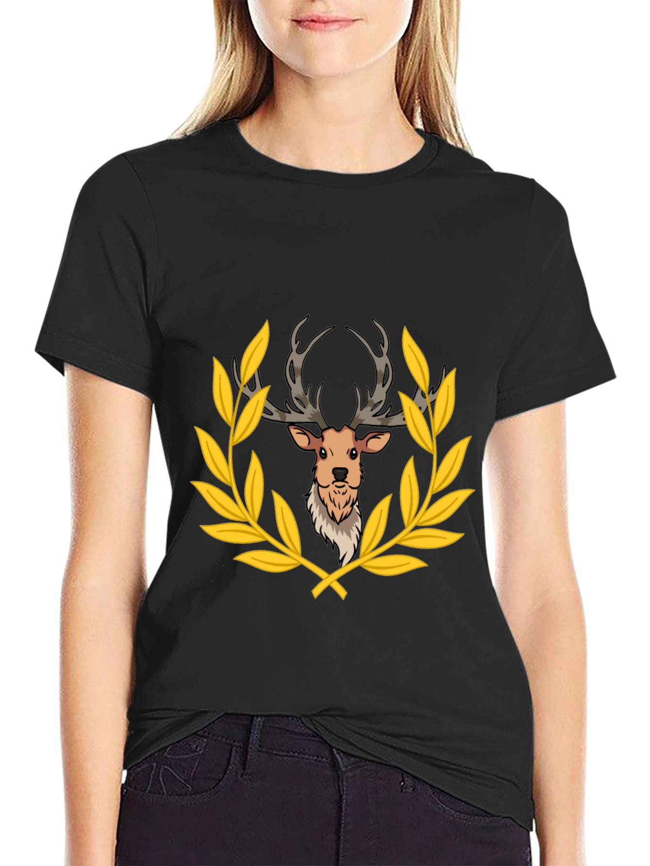 Black Deer Laurel Wreath Black T-Shirt view 2