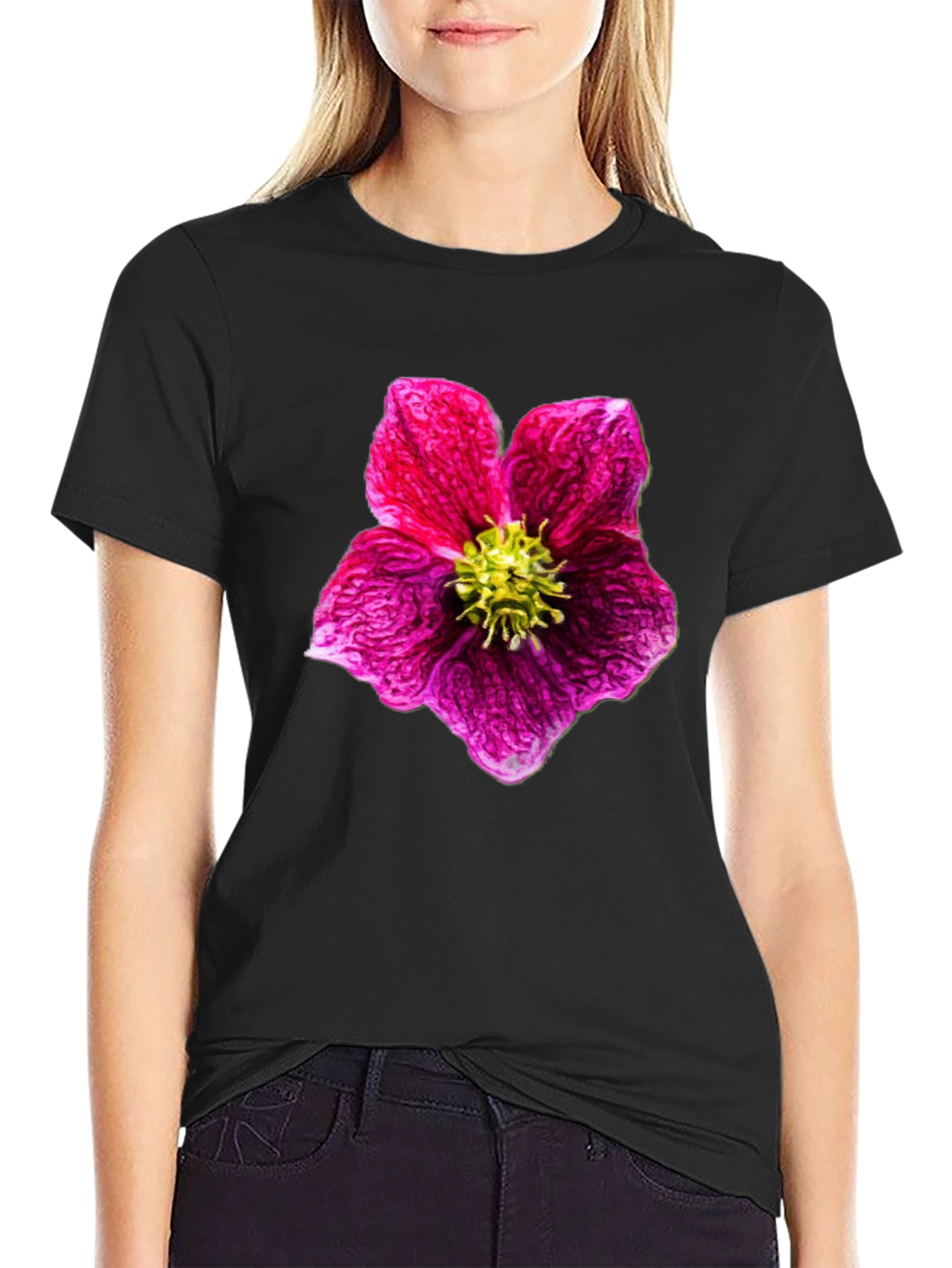 Black Floral Print Crew Neck T-Shirt view 2