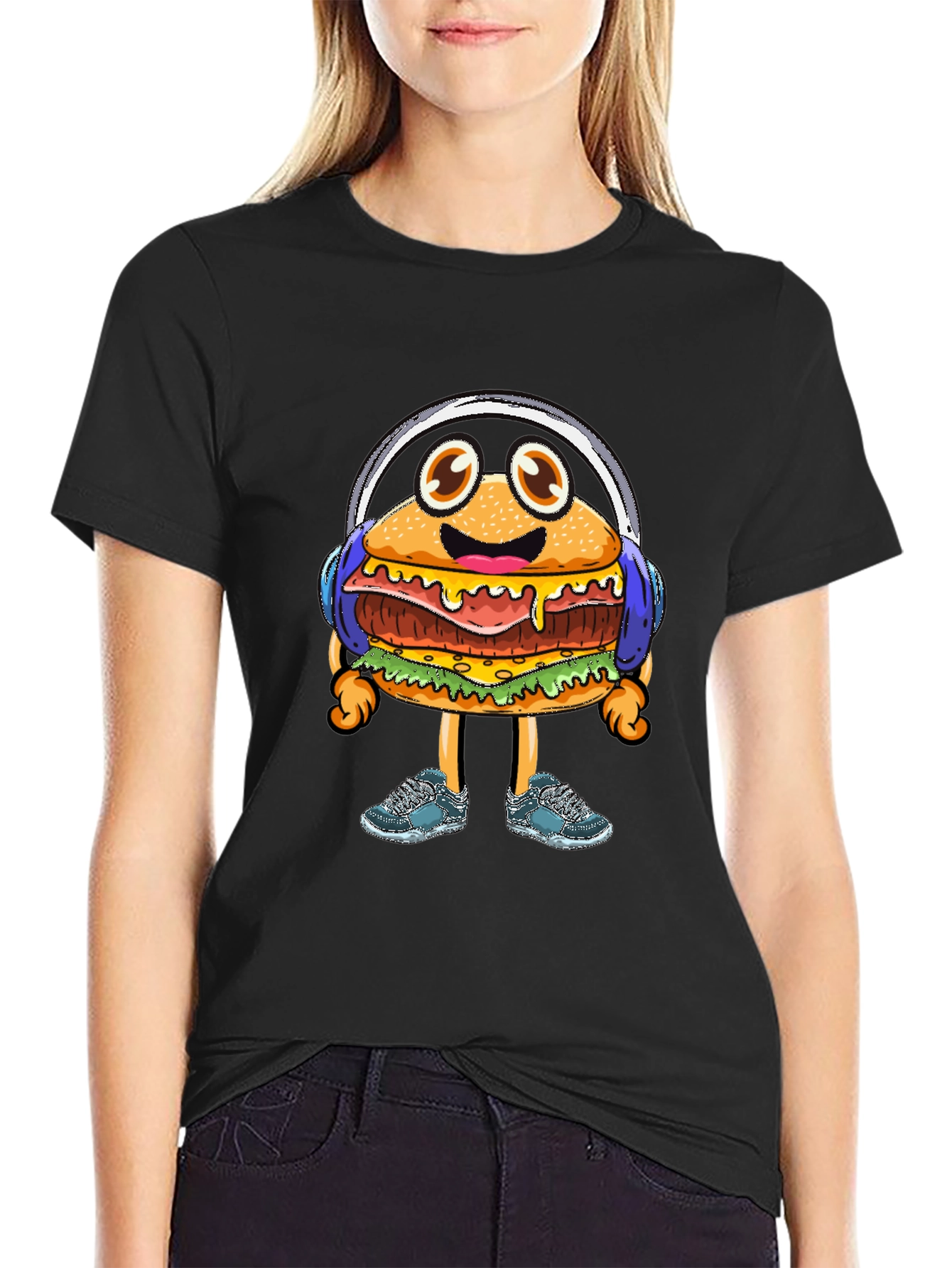 Black Burger Beats T-Shirt: Groovy Cartoon Foodie Tee view 2