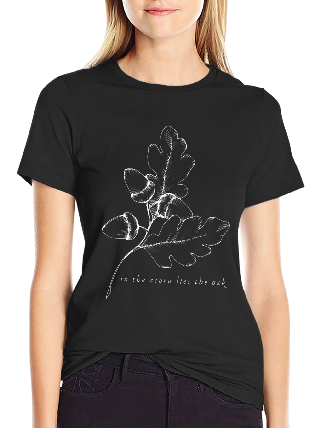 Black Oak & Acorn Graphic Tee - Nature Inspired Black T-Shirt view 2