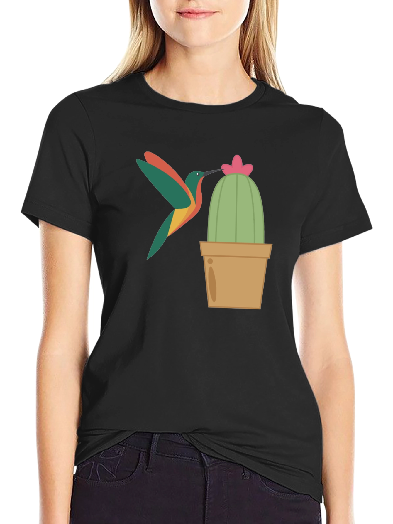 Black Hummingbird & Cactus Graphic T-Shirt - Black view 2