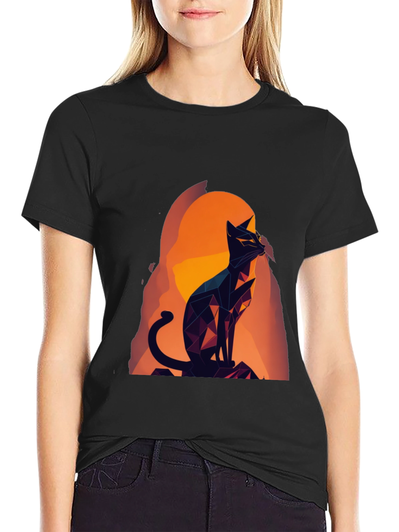 Black Geometric Cat Graphic Tee - Black Cotton Blend view 2