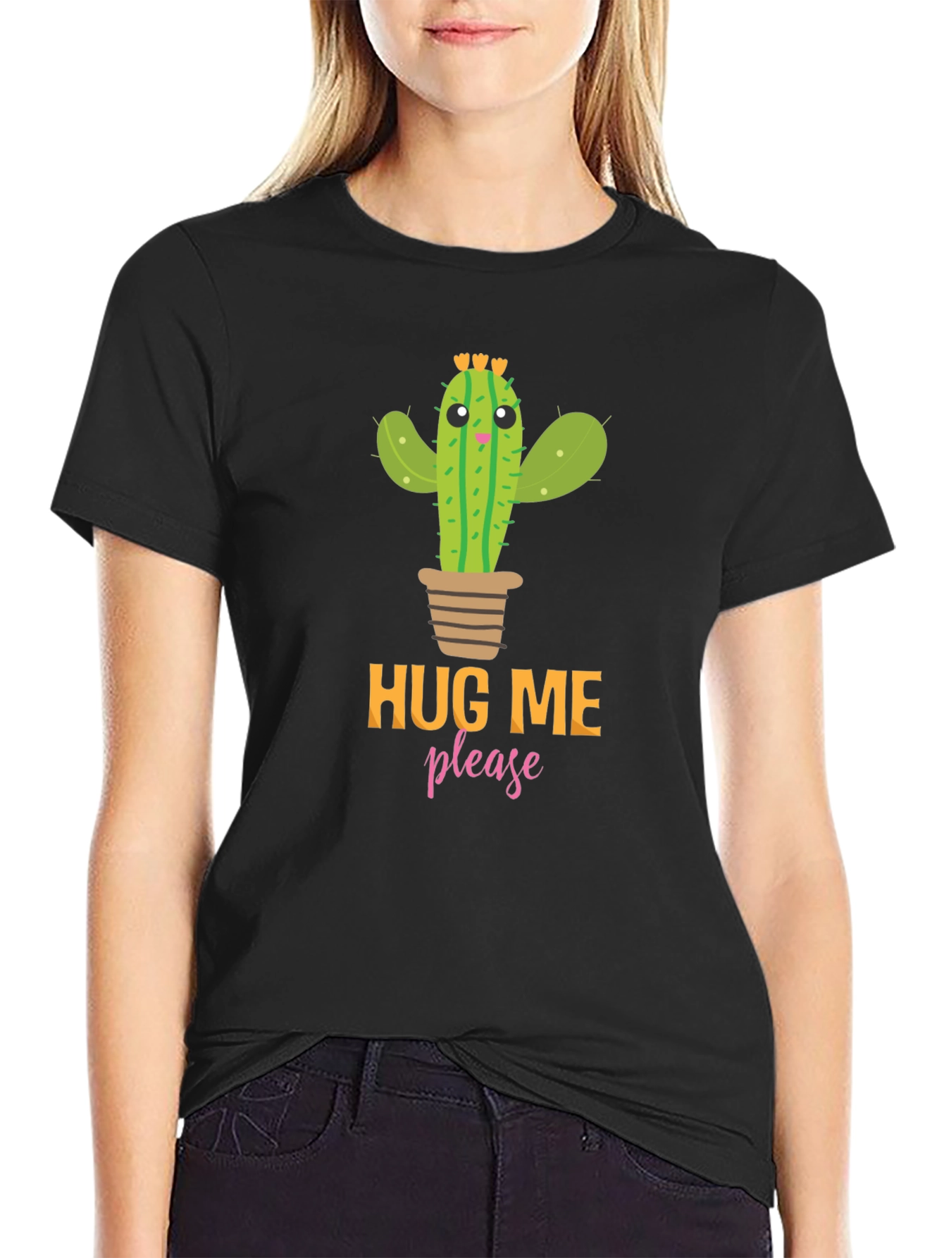 Black Hug Me Please Cactus Graphic Tee - Black view 2