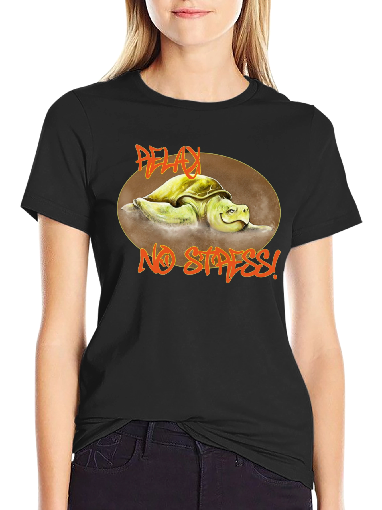 Black Relax No Stress Turtle Graphic T-Shirt view 2