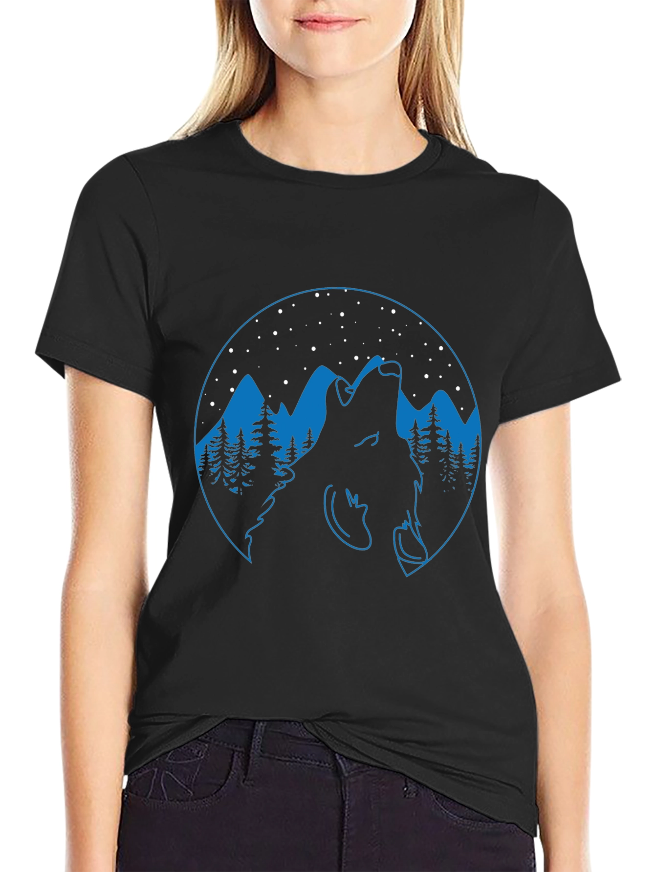 Black Wolf Howling at Night Graphic Tee view 2