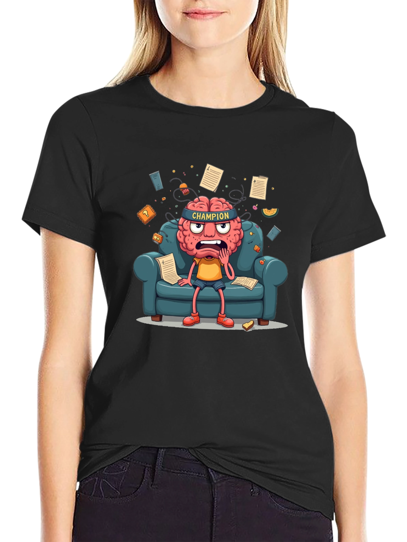 Black Champion Mind T-Shirt - Stressed Brain Cartoon view 2