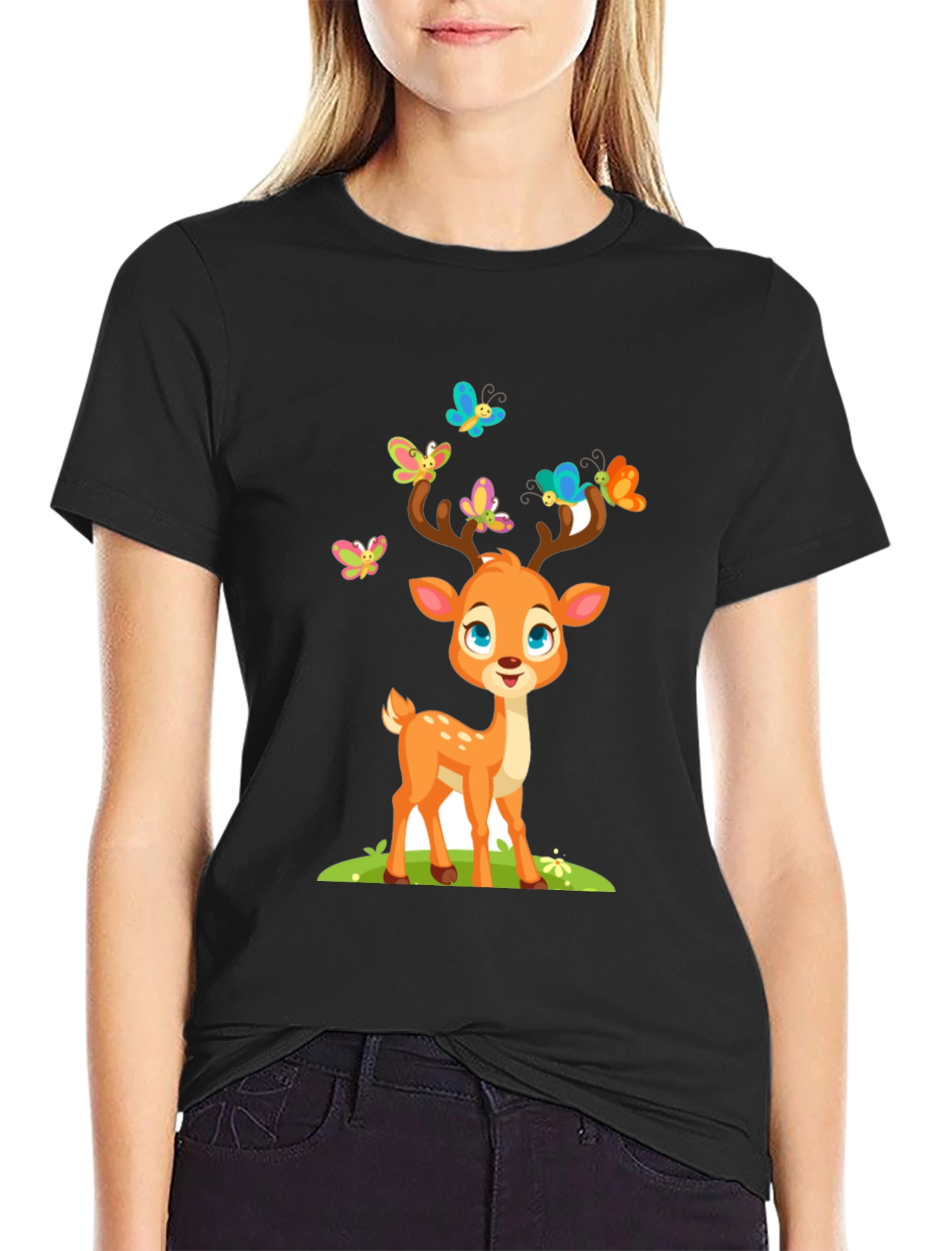Black Cute Deer with Butterflies T-Shirt view 2