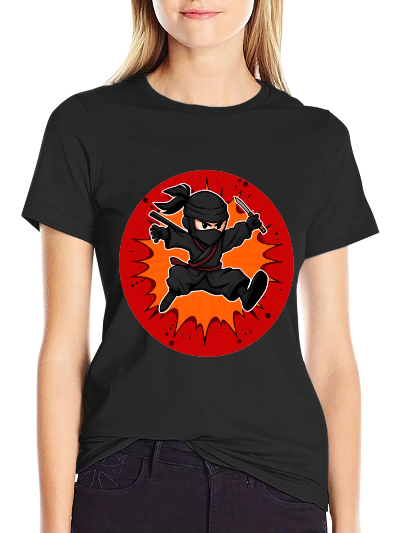 Black Ninja Cartoon Graphic Black T-Shirt view 2