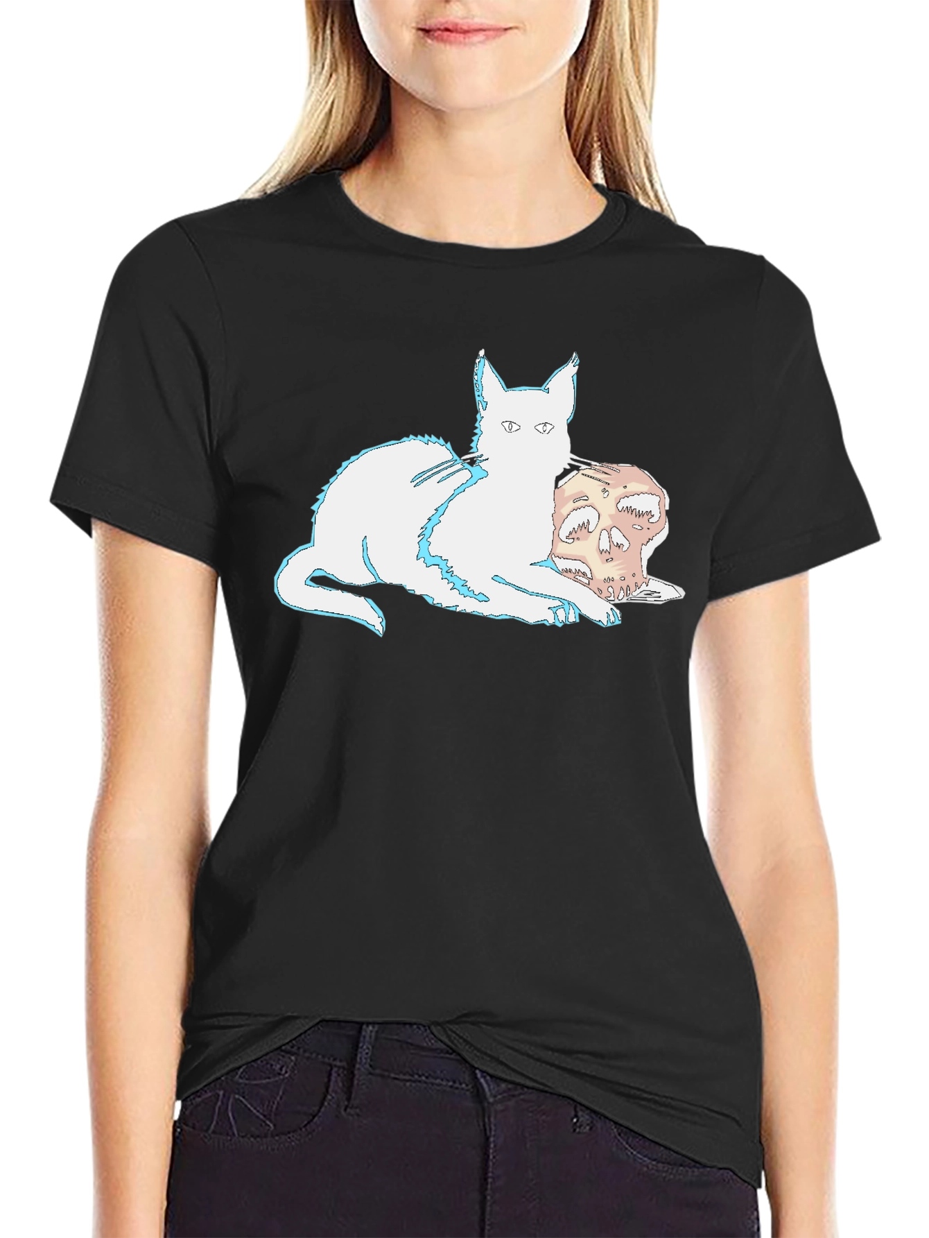 Black Cat and Skull Graphic T-Shirt view 2