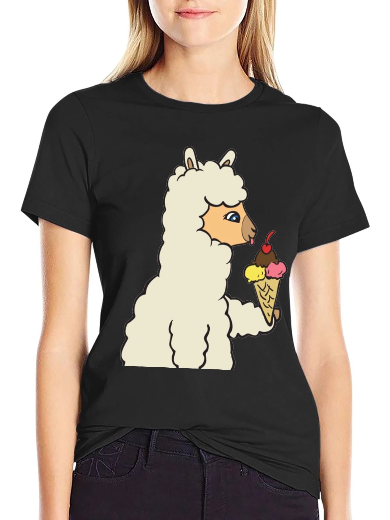 Black Llama Eating Ice Cream Graphic Tee view 2