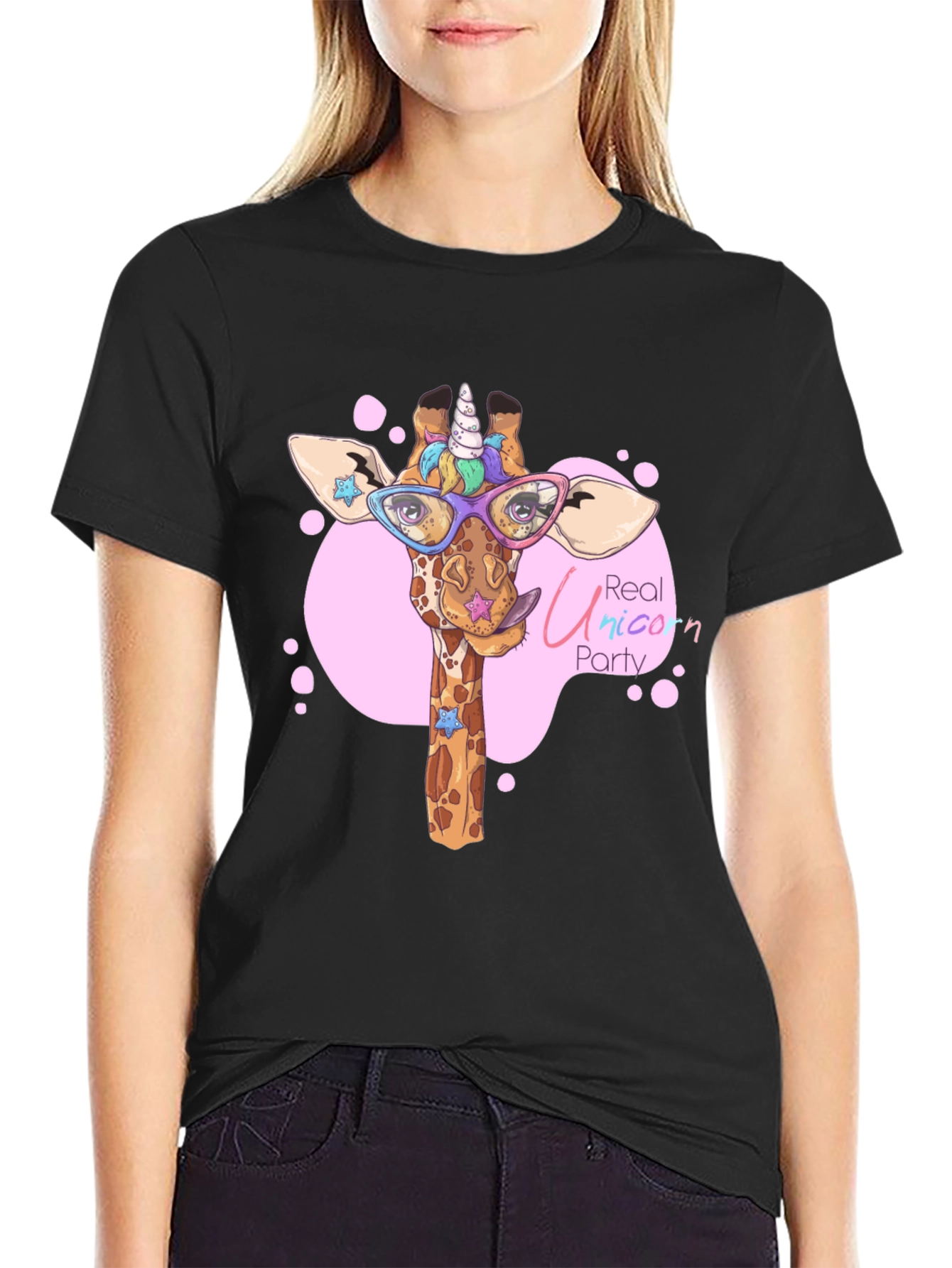 Black Giraffe Unicorn Party T-Shirt - Cute Cartoon Design view 2