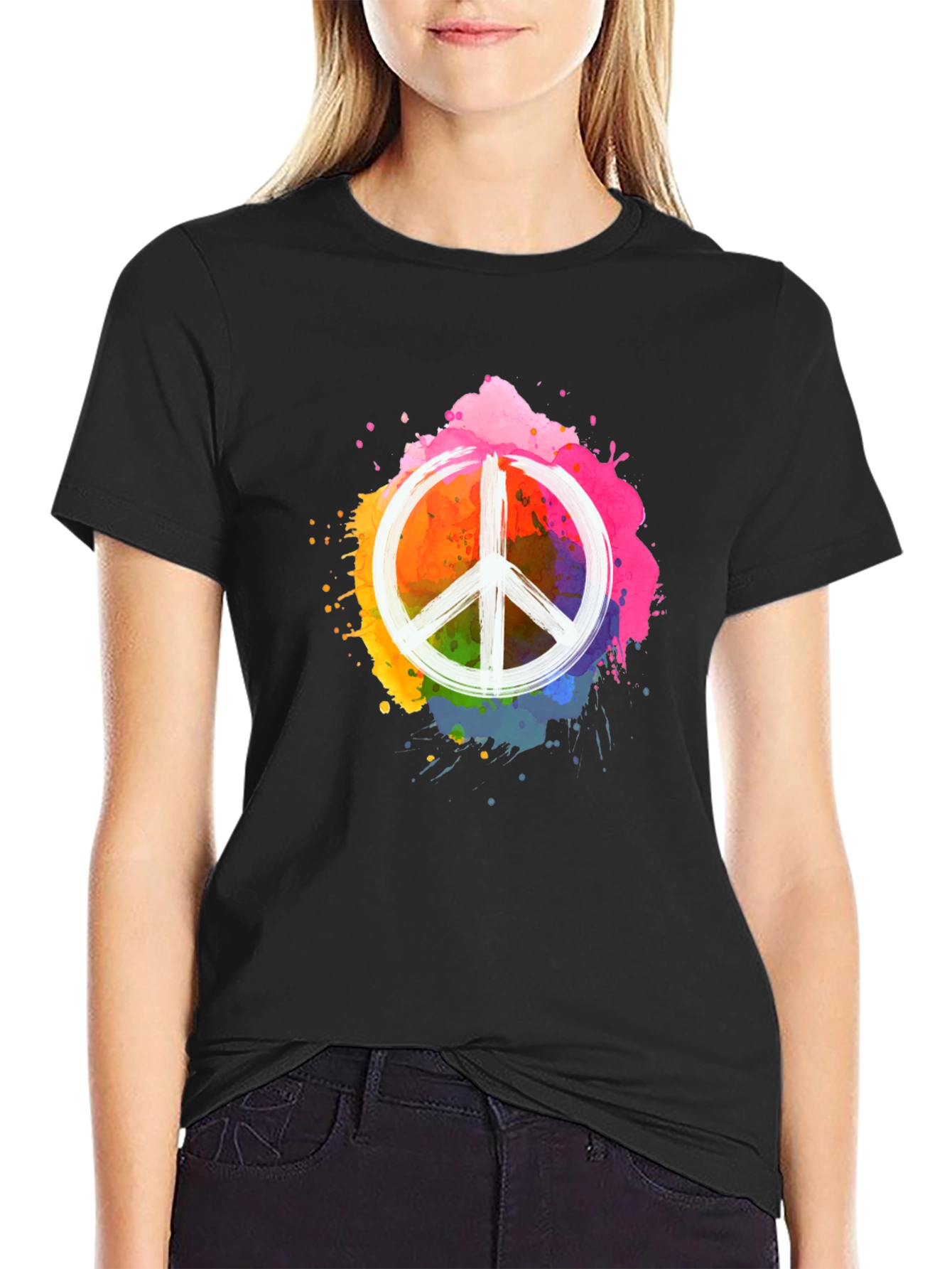 Black Peace Sign Colorful Splatter Black T-Shirt view 2