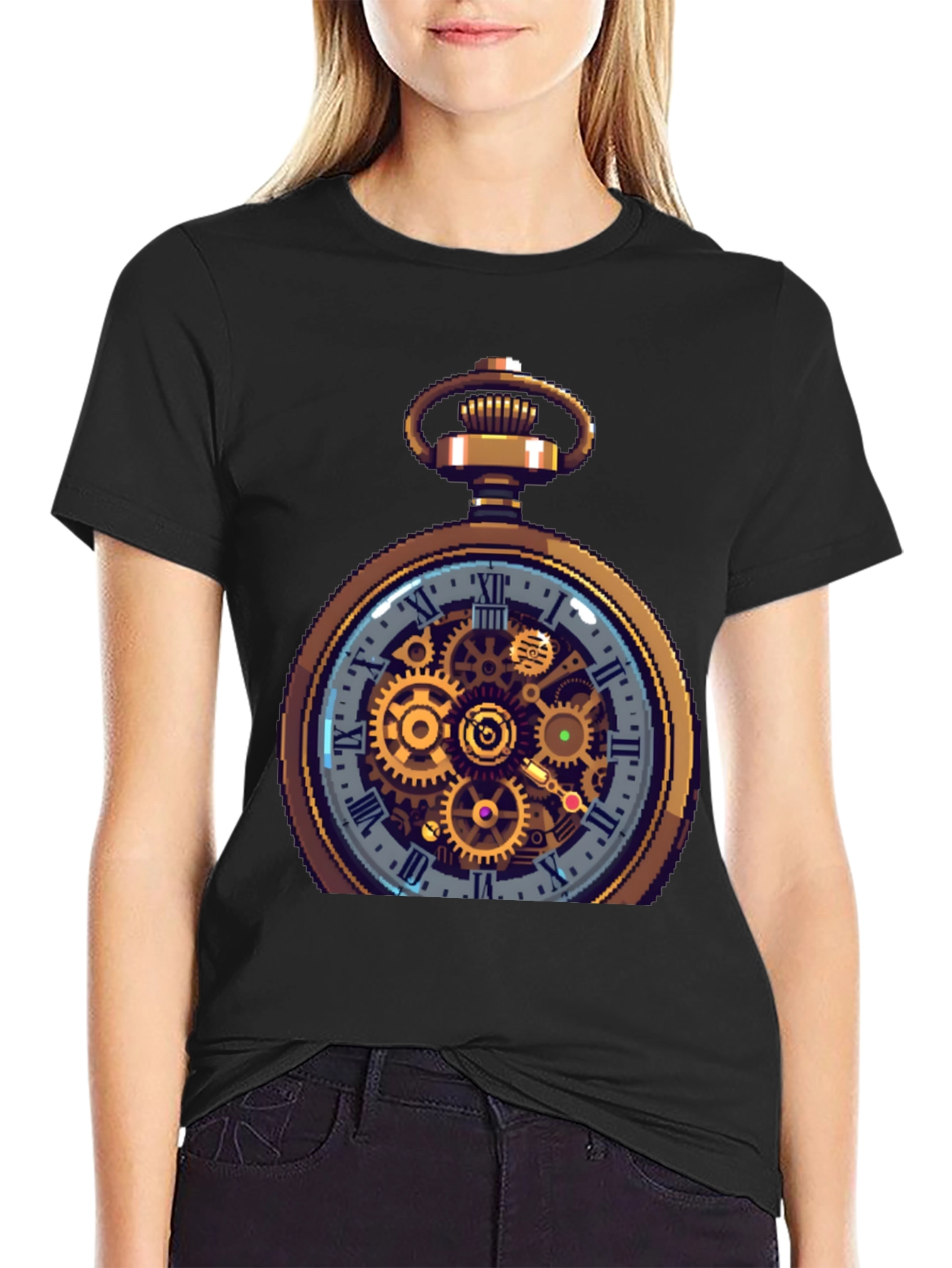 Black Steampunk Pocket Watch Design T-Shirt view 2