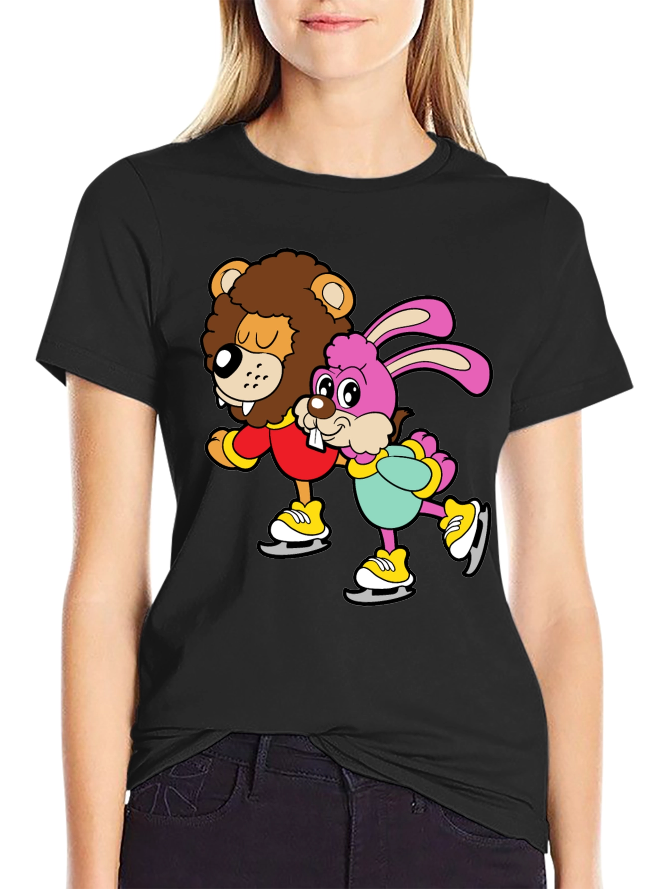Black Lion & Bunny Ice Skating Cartoon Graphic T-Shirt view 2