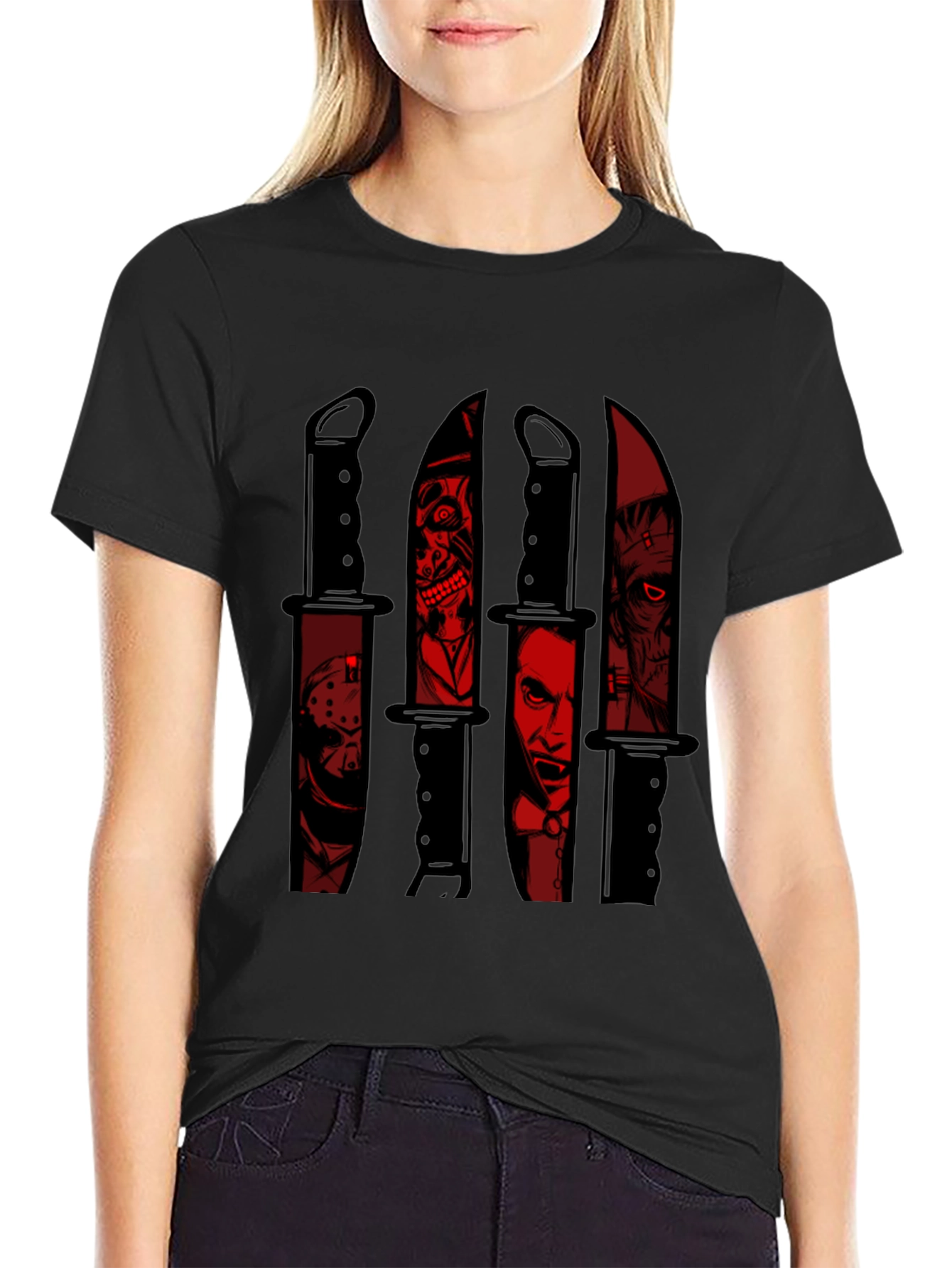 Black Horror Movie Character Knife Graphic Tee view 2