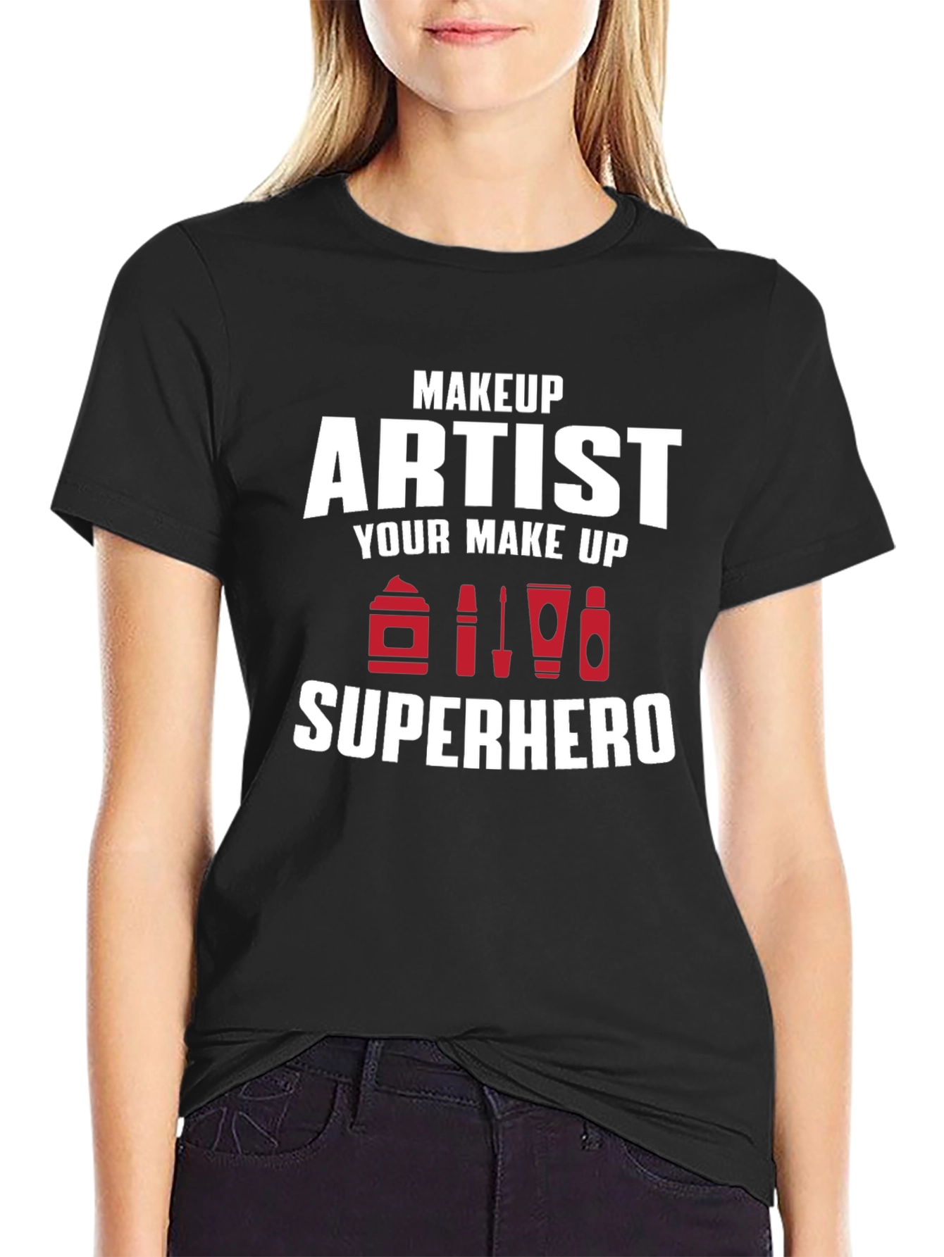 Black Makeup Artist Superhero T-Shirt - Black Crew Neck Tee view 2