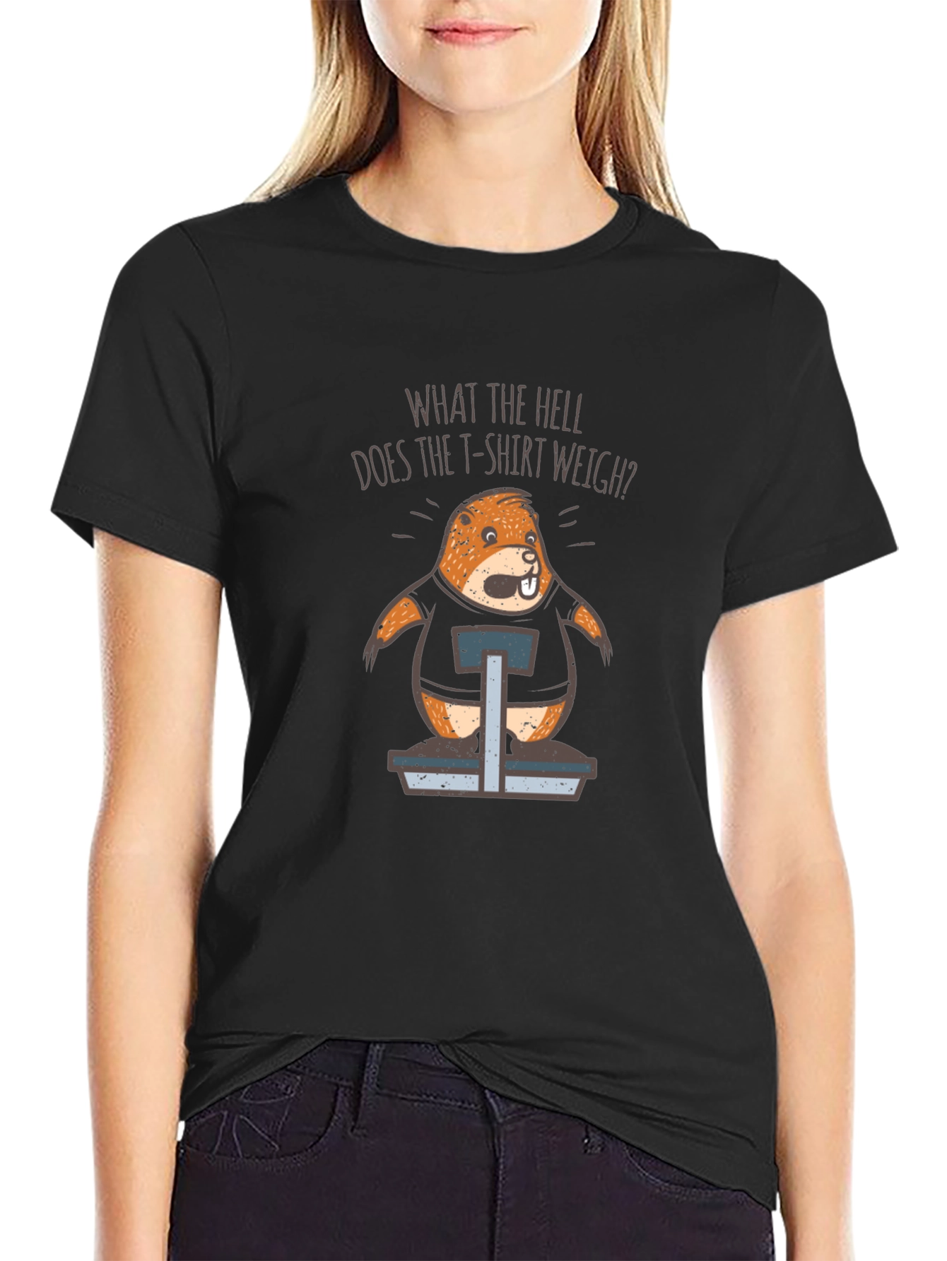 Black Funny Beaver Weighing T-Shirt: What the Hell Does it Weigh? view 2