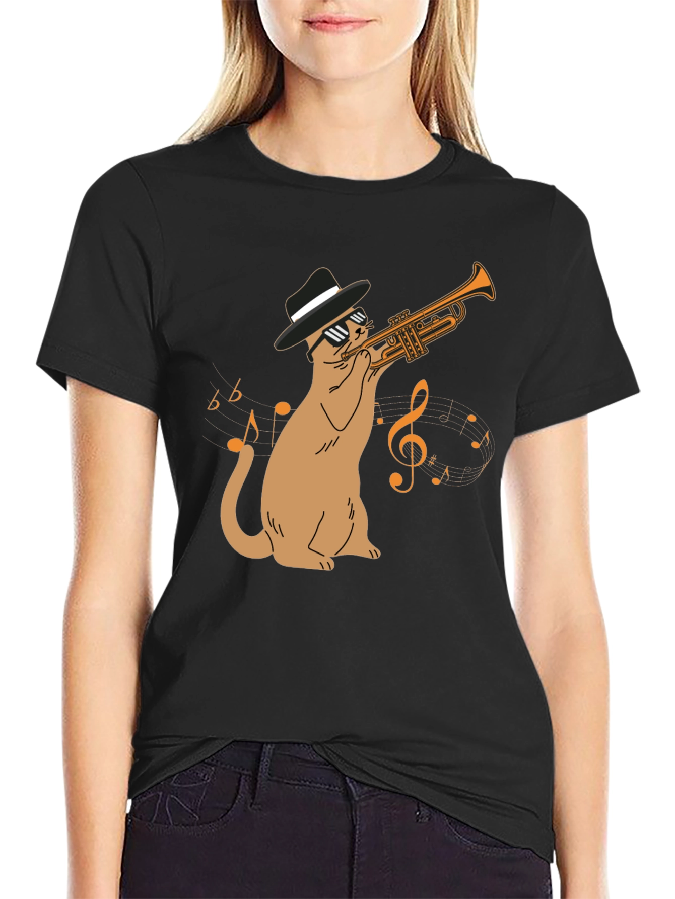 Black Cool Cat Trumpet Player T-Shirt - Black view 2