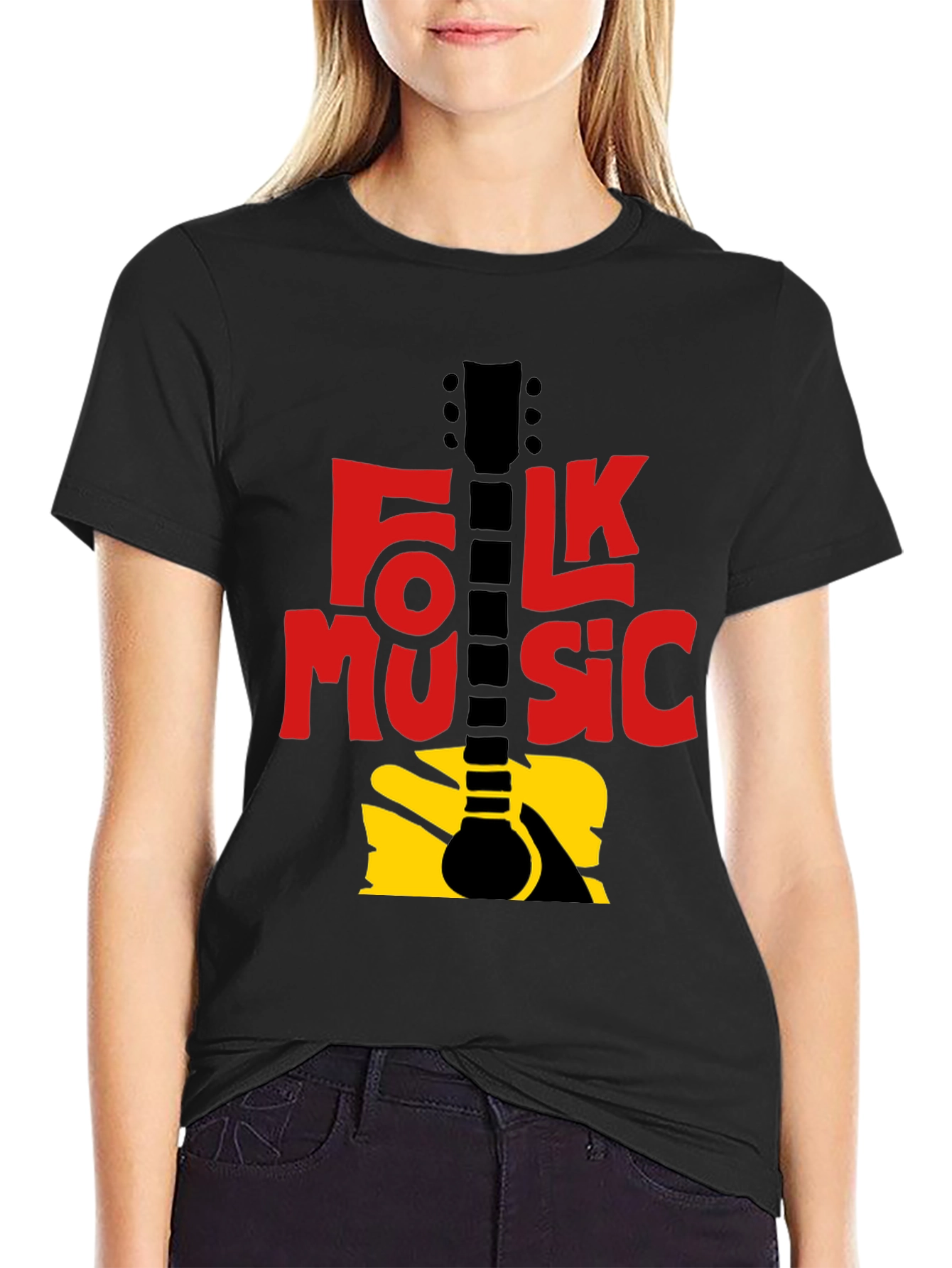 Black Folk Music Guitar Graphic T-Shirt - Black view 2