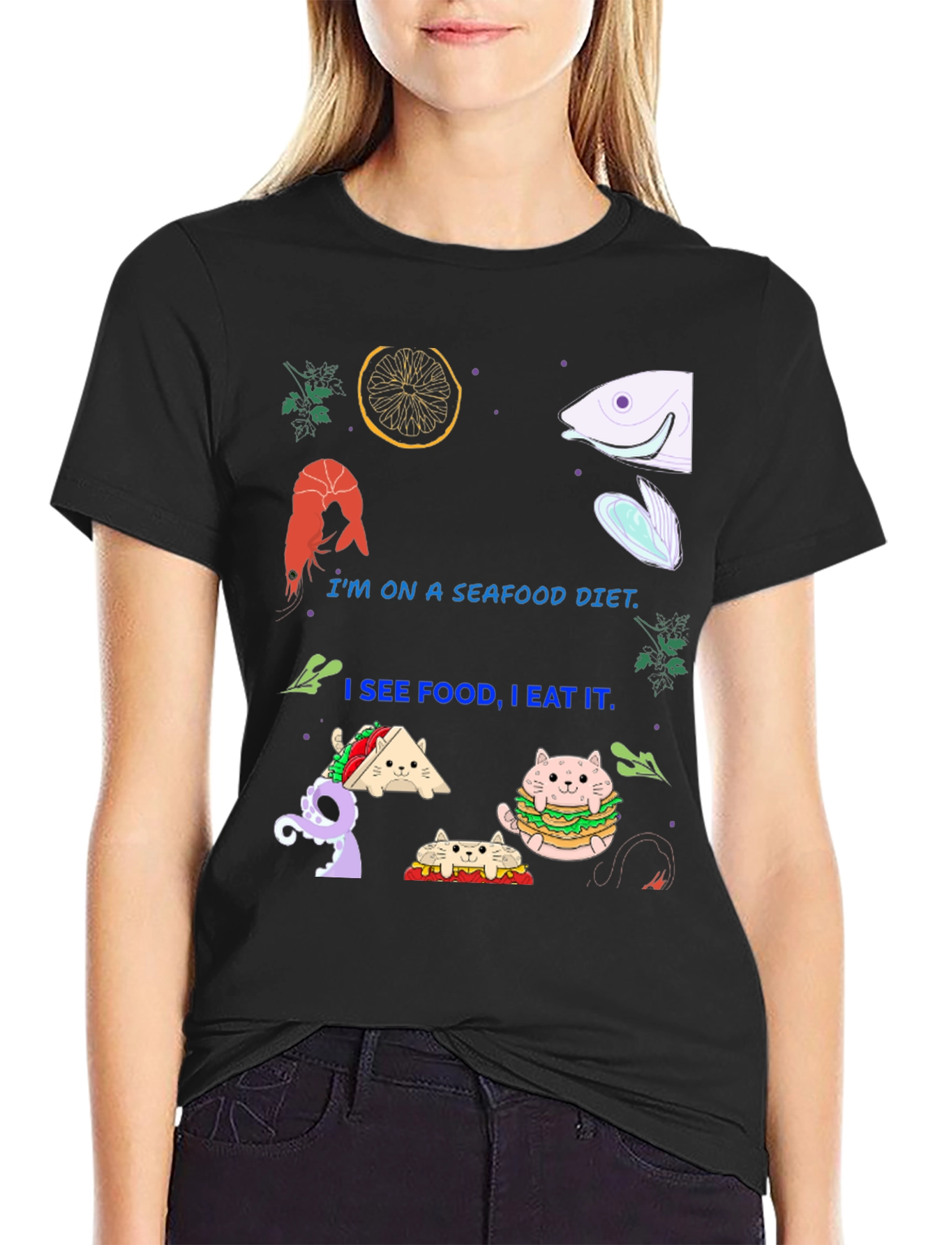 Black Seafood Diet Funny Graphic T-Shirt view 2
