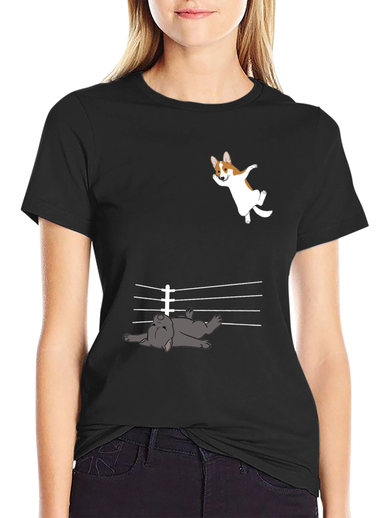 Black Funny Dog T-Shirt - Corgi and French Bulldog Design view 2