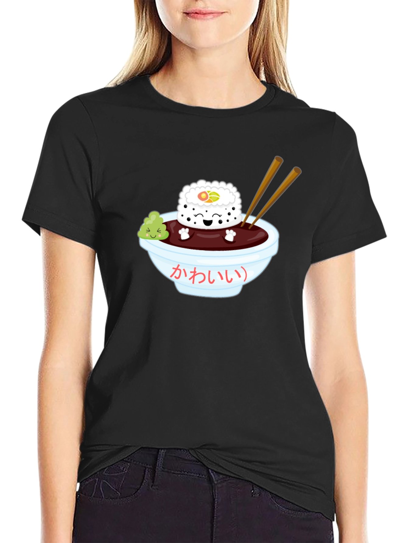 Black Sushi Kawaii T-Shirt - Unisex Black Tee view 2