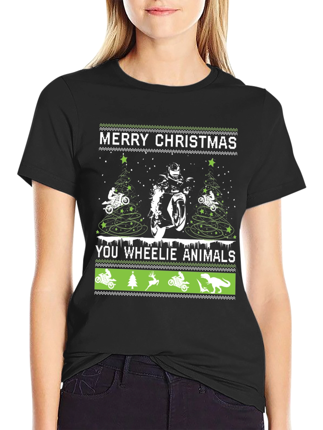 Black Motorcycle Christmas T-Shirt - Wheelie Animals Holiday Tee view 2