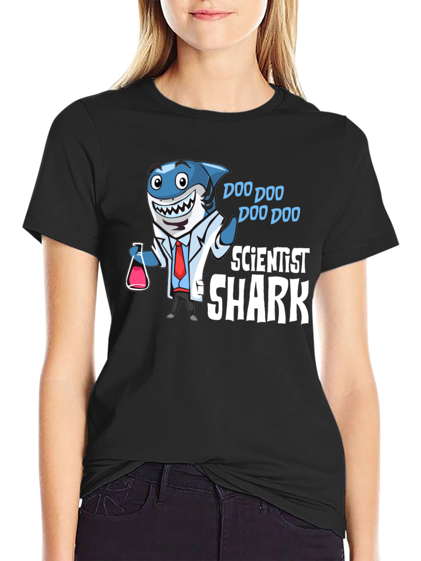 Black Scientist Shark T-Shirt Funny Graphic Tee view 2