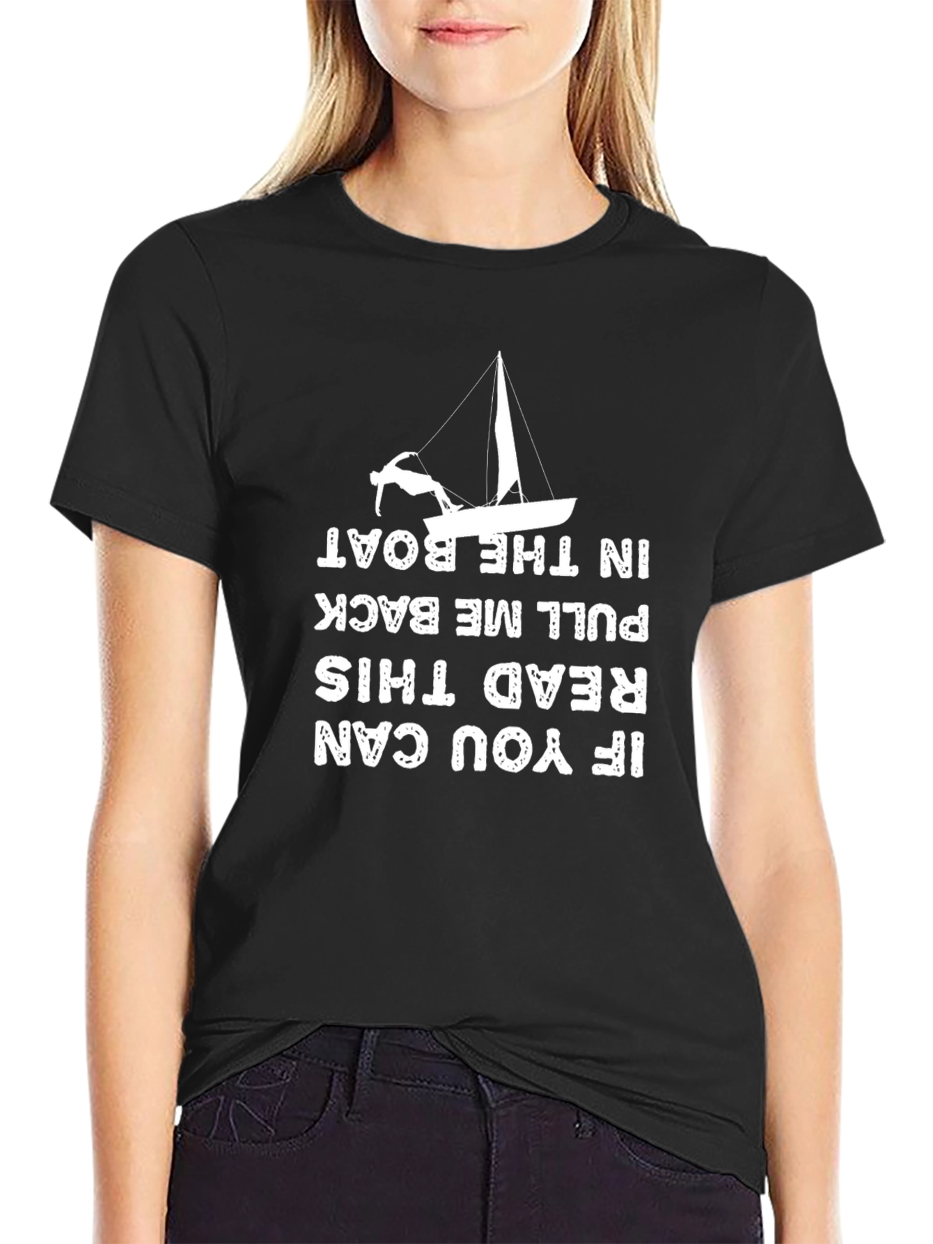 Black Funny Sailing T-Shirt - Pull Me Back In The Boat! view 2
