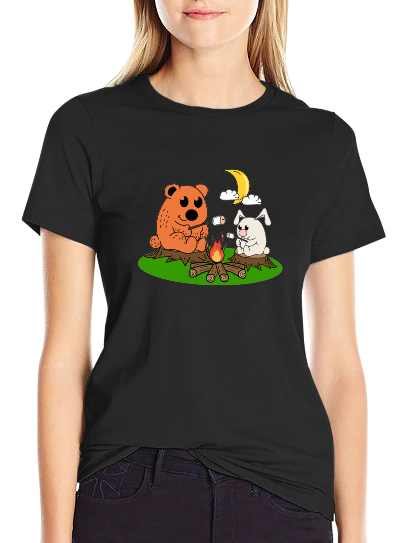 Black Cute Camping Bear & Bunny Graphic Tee view 2