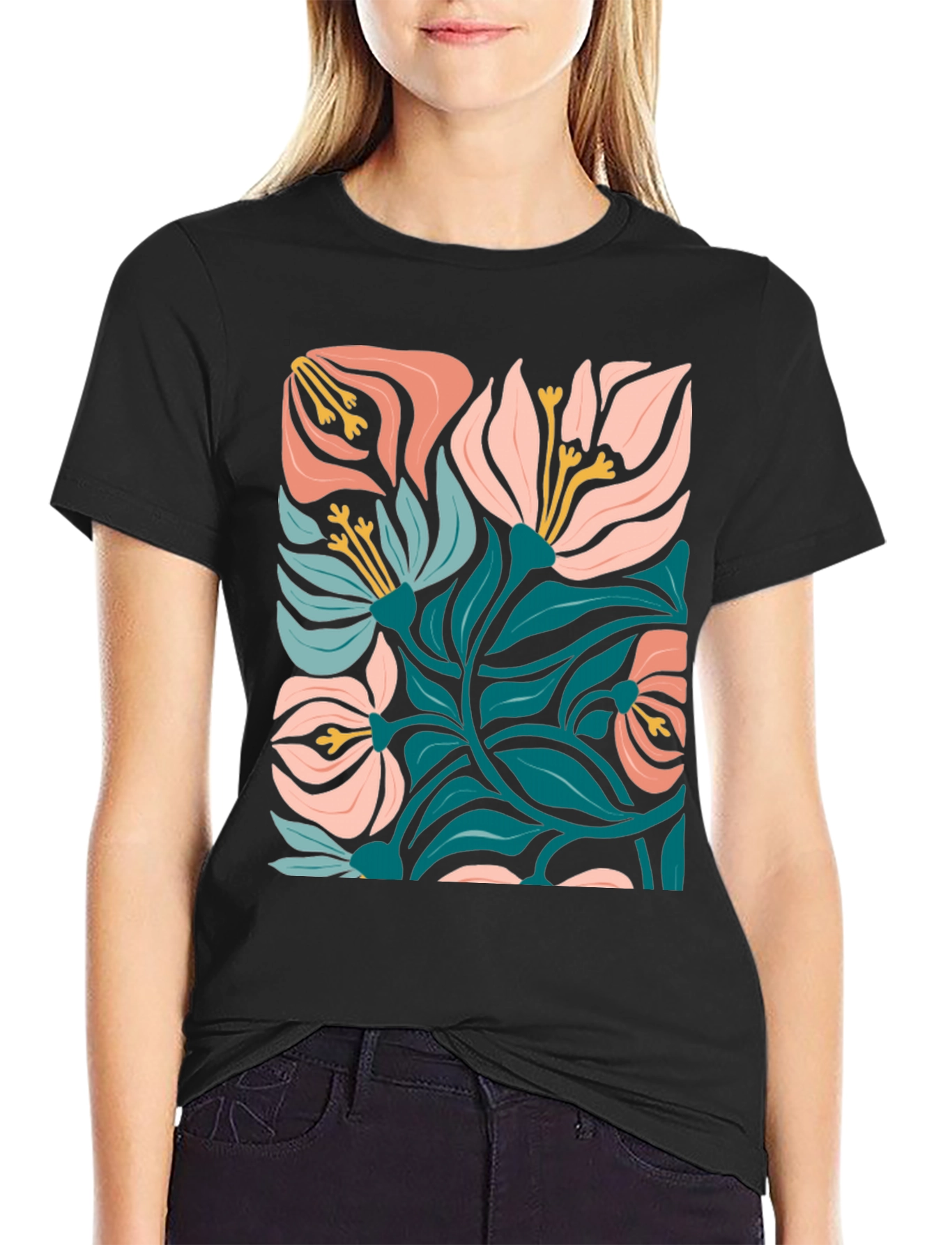 Black Floral Graphic Print Black T-Shirt view 2