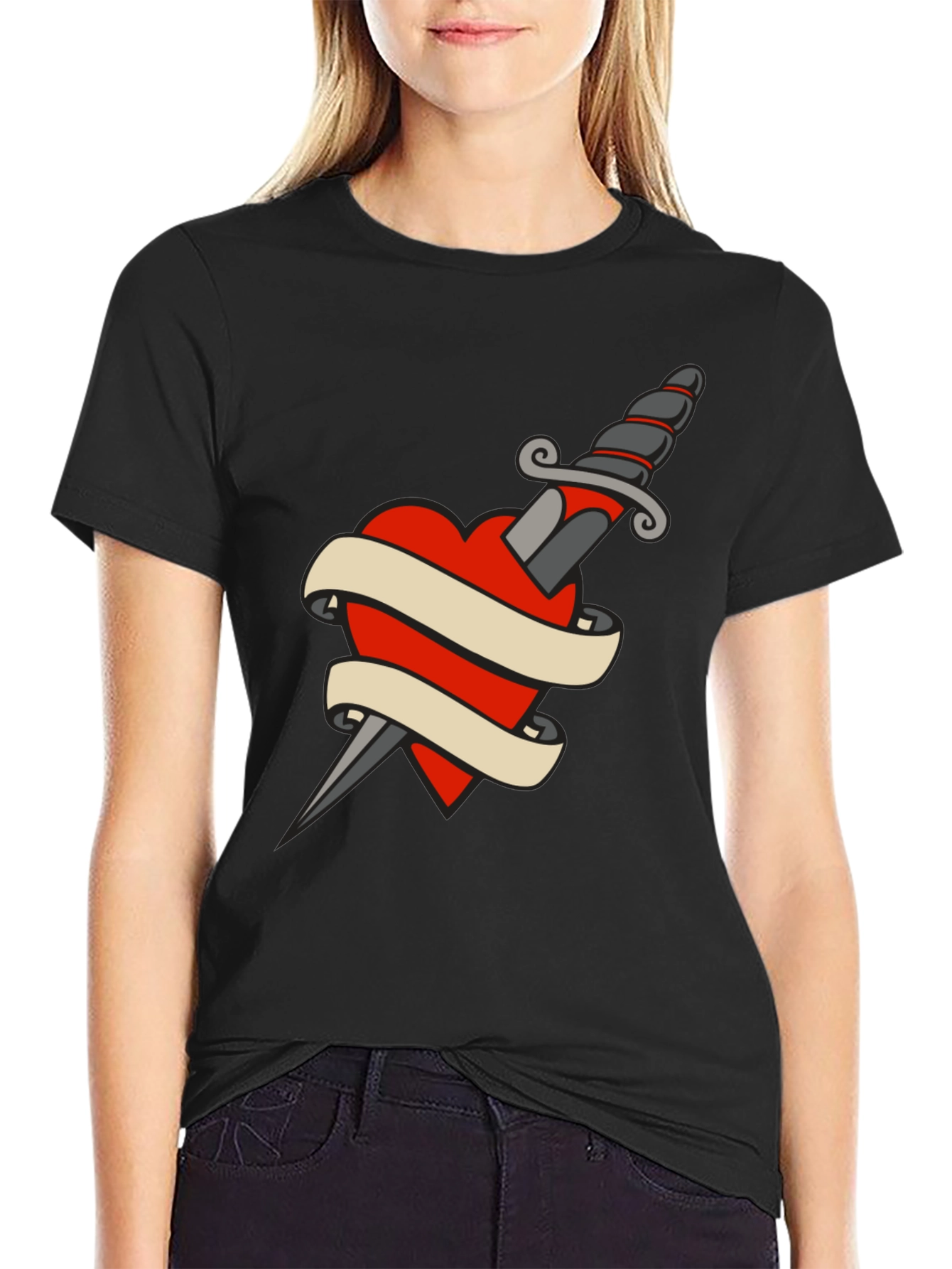 Black Dagger Heart Tattoo T-Shirt - Classic Black Tee view 2