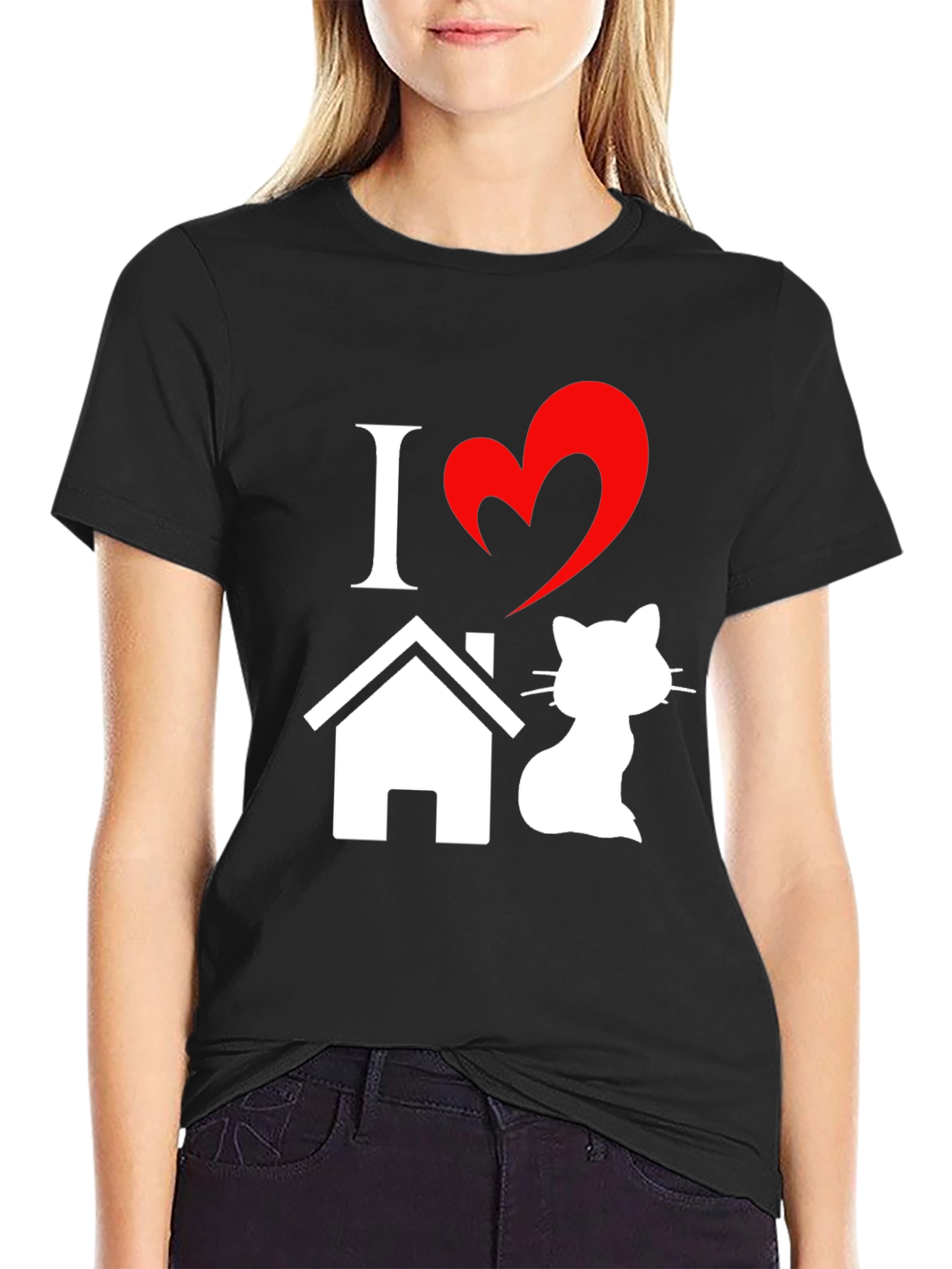 Black I Heart Home Cat T-Shirt - Novelty Pet Lover Tee view 2