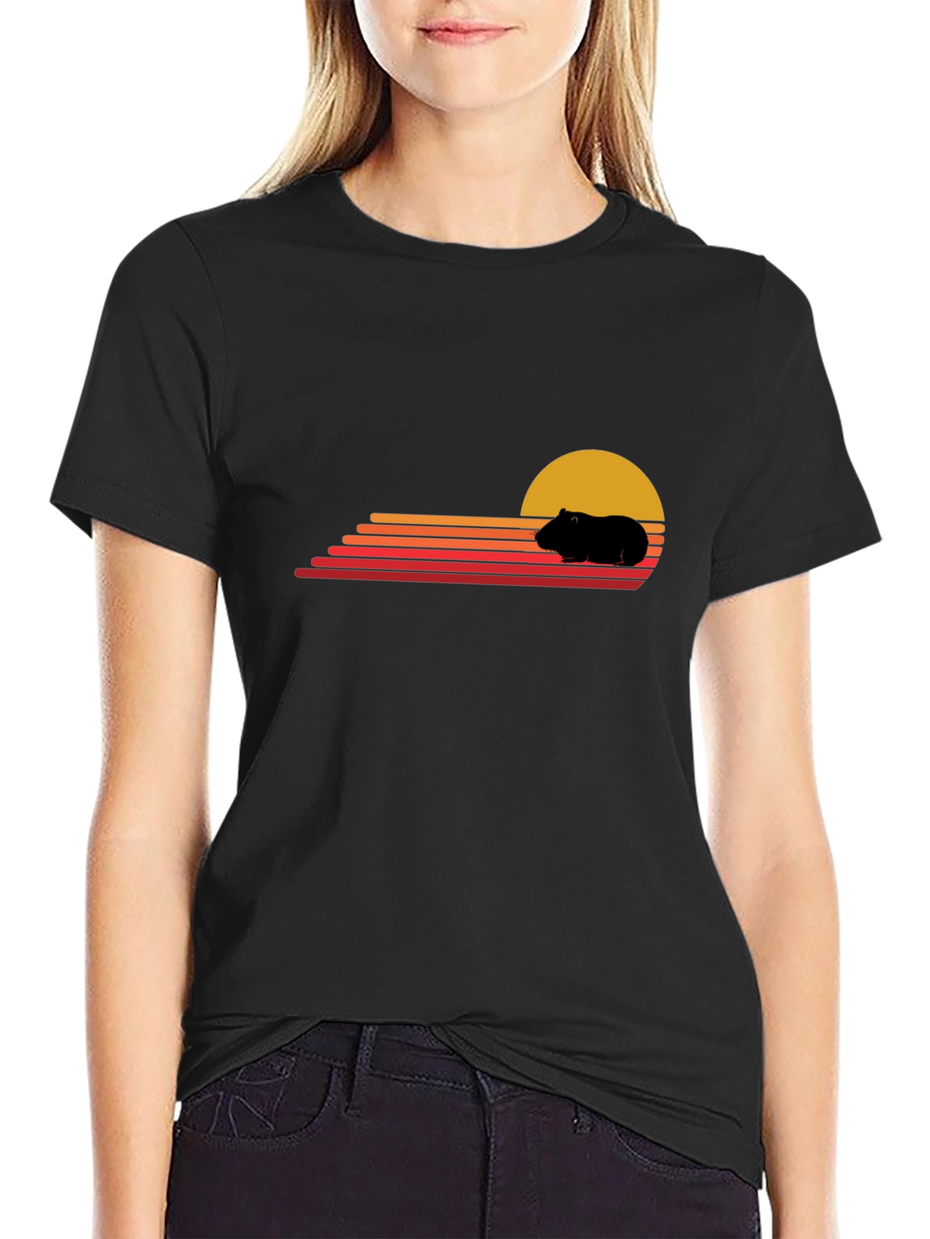Black Retro Guinea Pig Sunset T-Shirt view 2