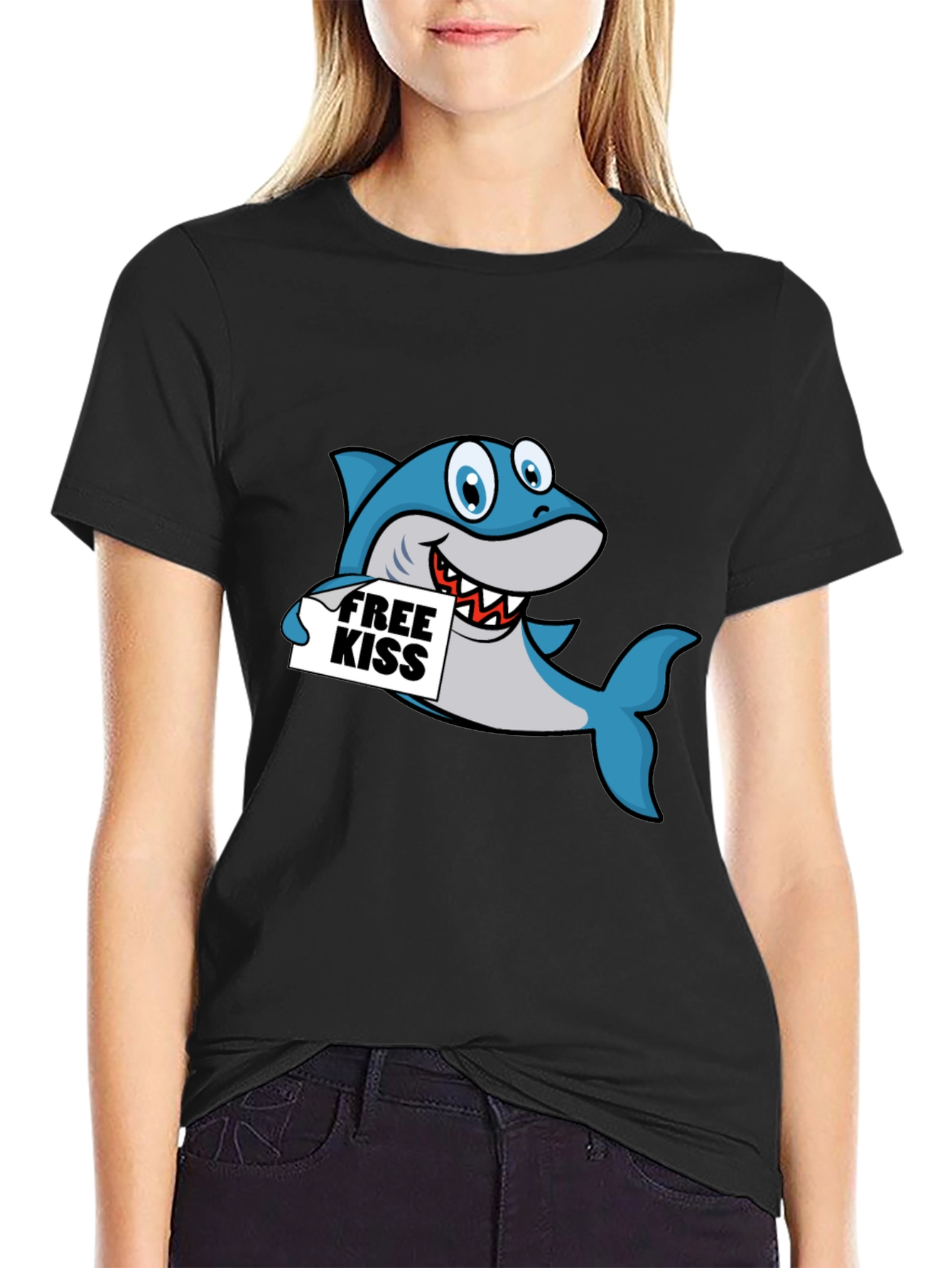 Black Funny Shark Free Kiss Graphic Tee - Black view 2