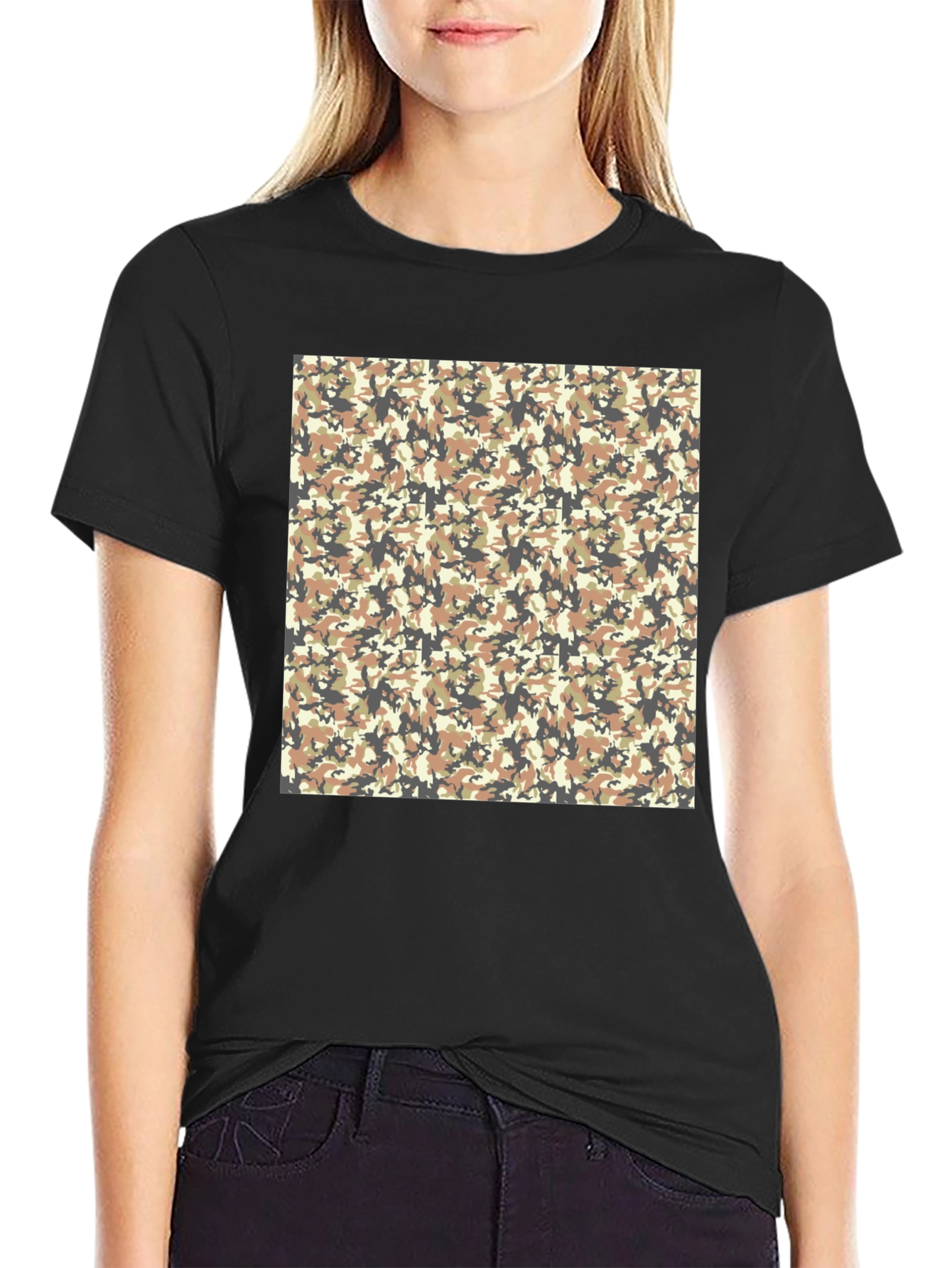 Black Camo Patterned Graphic Print Black T-Shirt view 2