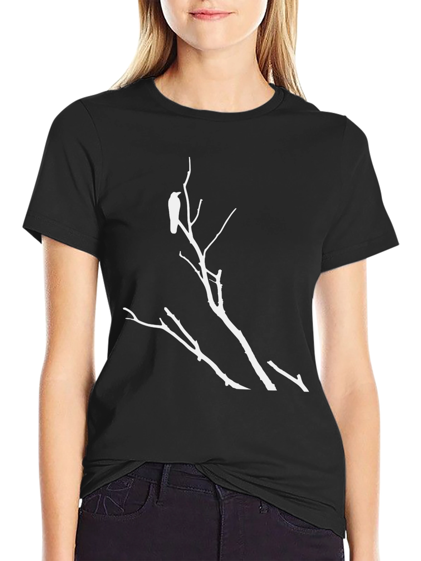 Black Raven on Branch Graphic Tee - Black Cotton Casual Top view 2