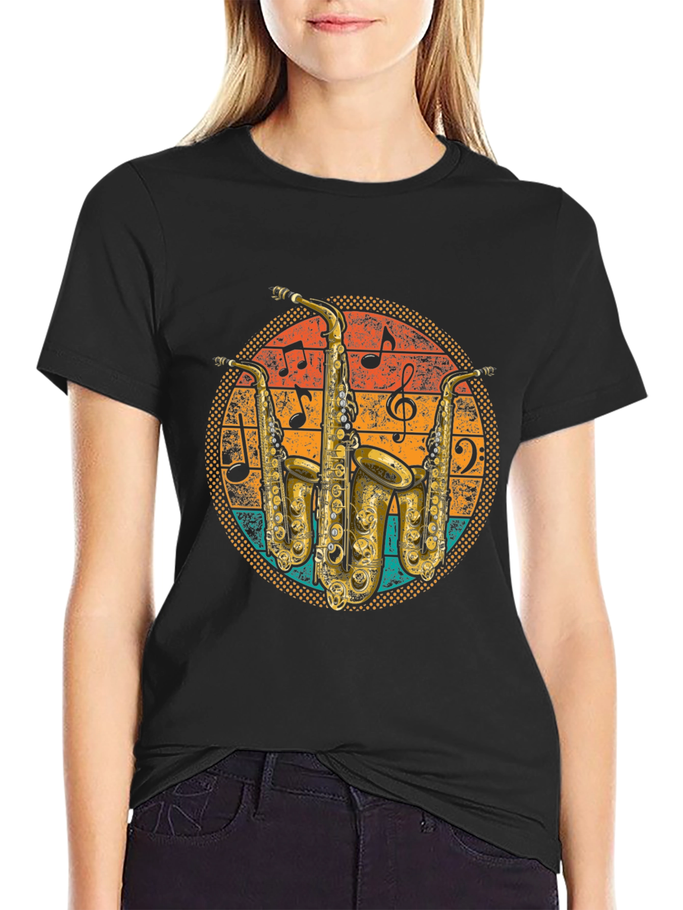 Black Retro Saxophone Music T-Shirt view 2
