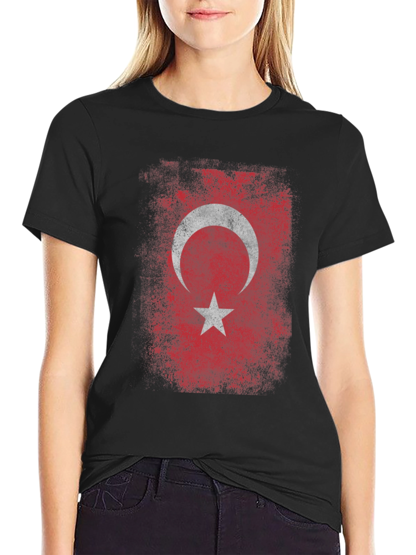 Black Turkish Flag Graphic T-Shirt - Distressed Design view 2