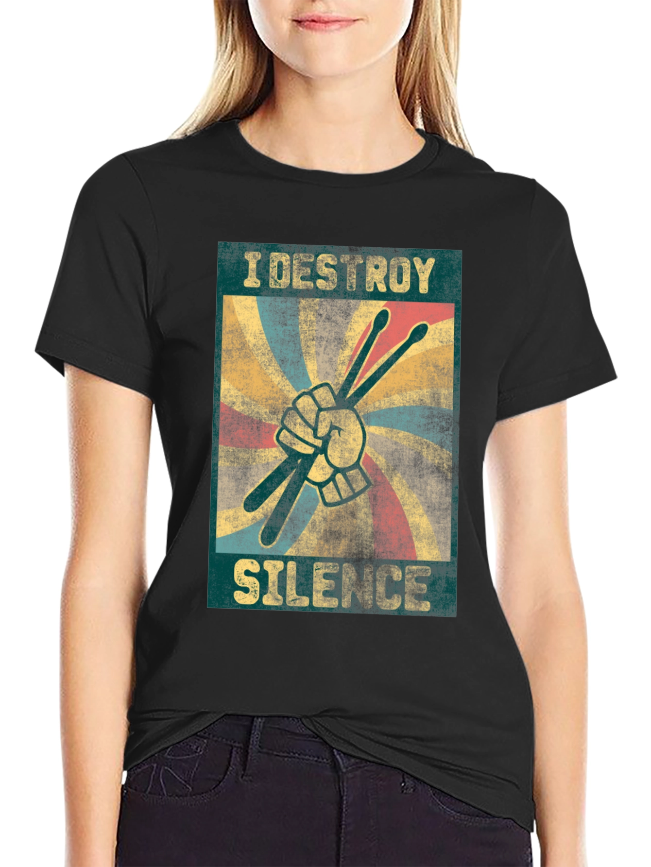 Black I Destroy Silence T-Shirt - Drummer Design view 2