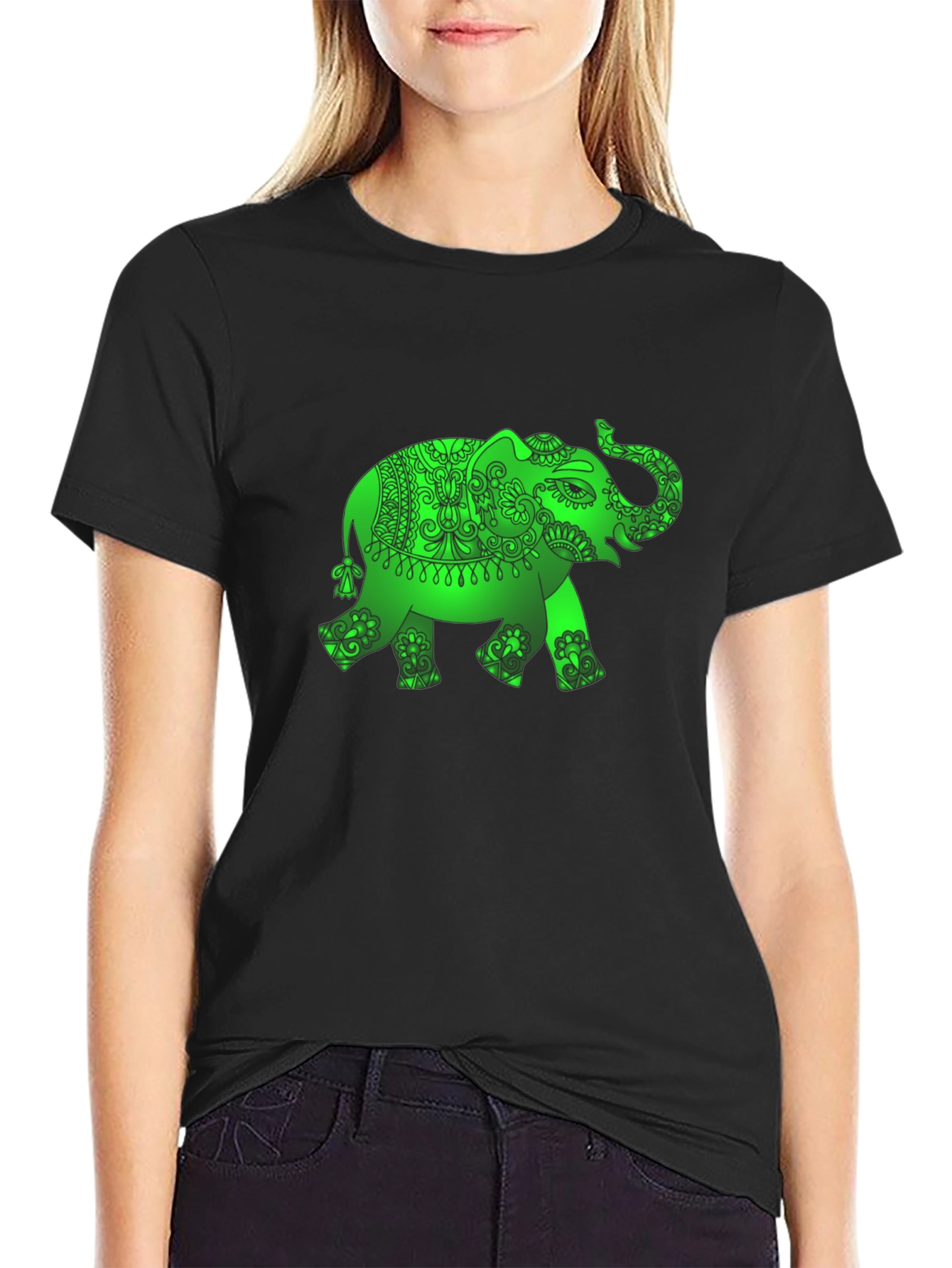 Black Green Elephant Graphic Black T-Shirt view 2