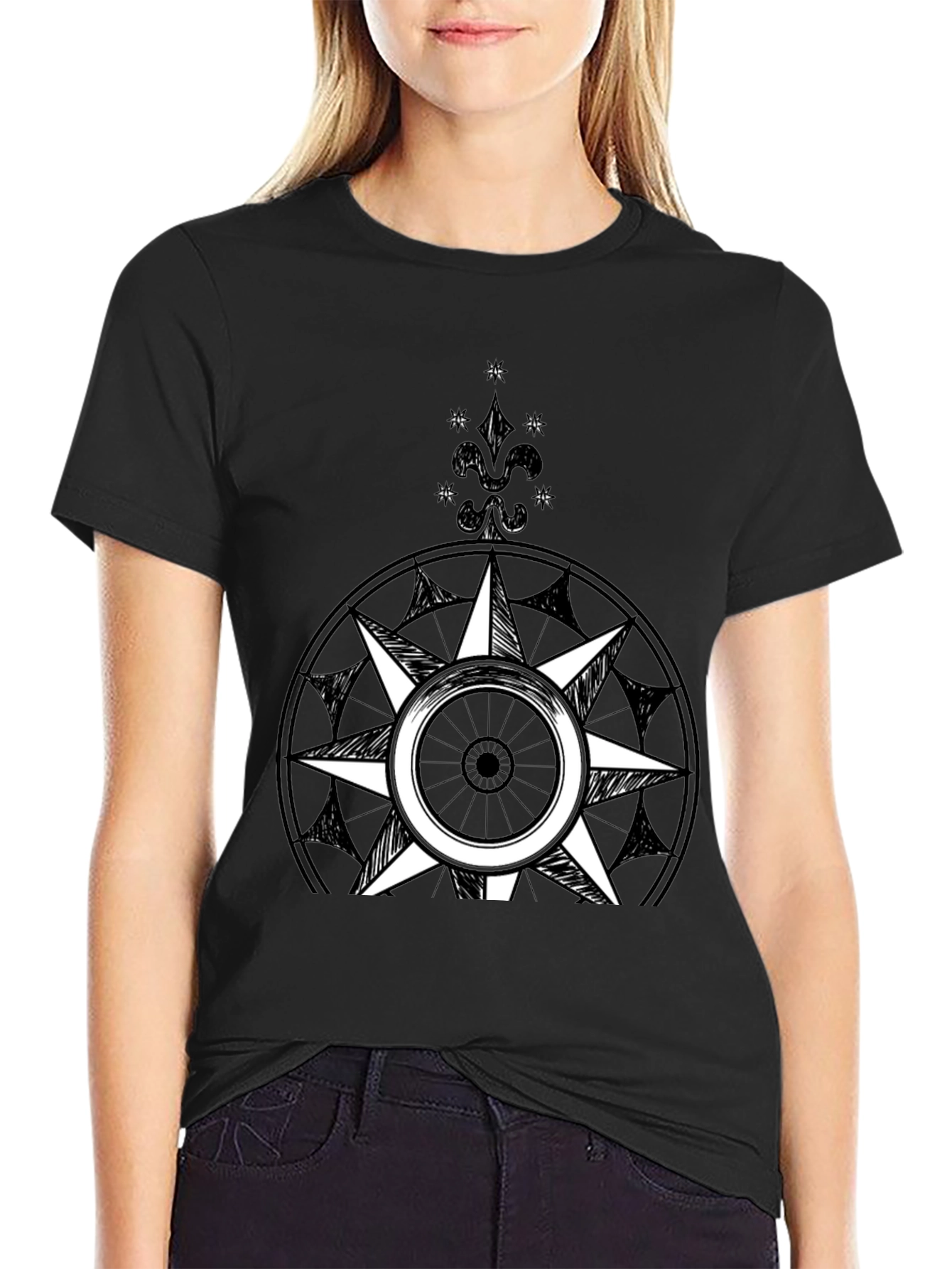 Black Compass Rose Graphic Tee - Black Cotton Blend view 2