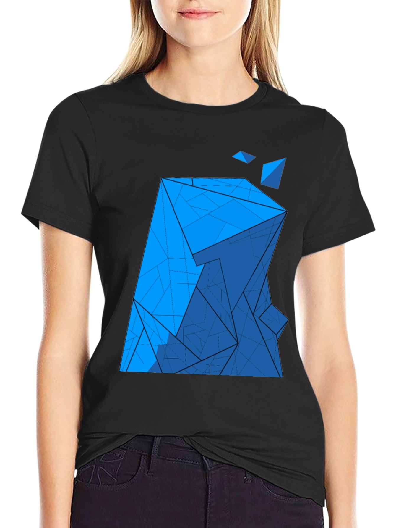 Black Abstract Blue Geometric Print Black T-Shirt view 2