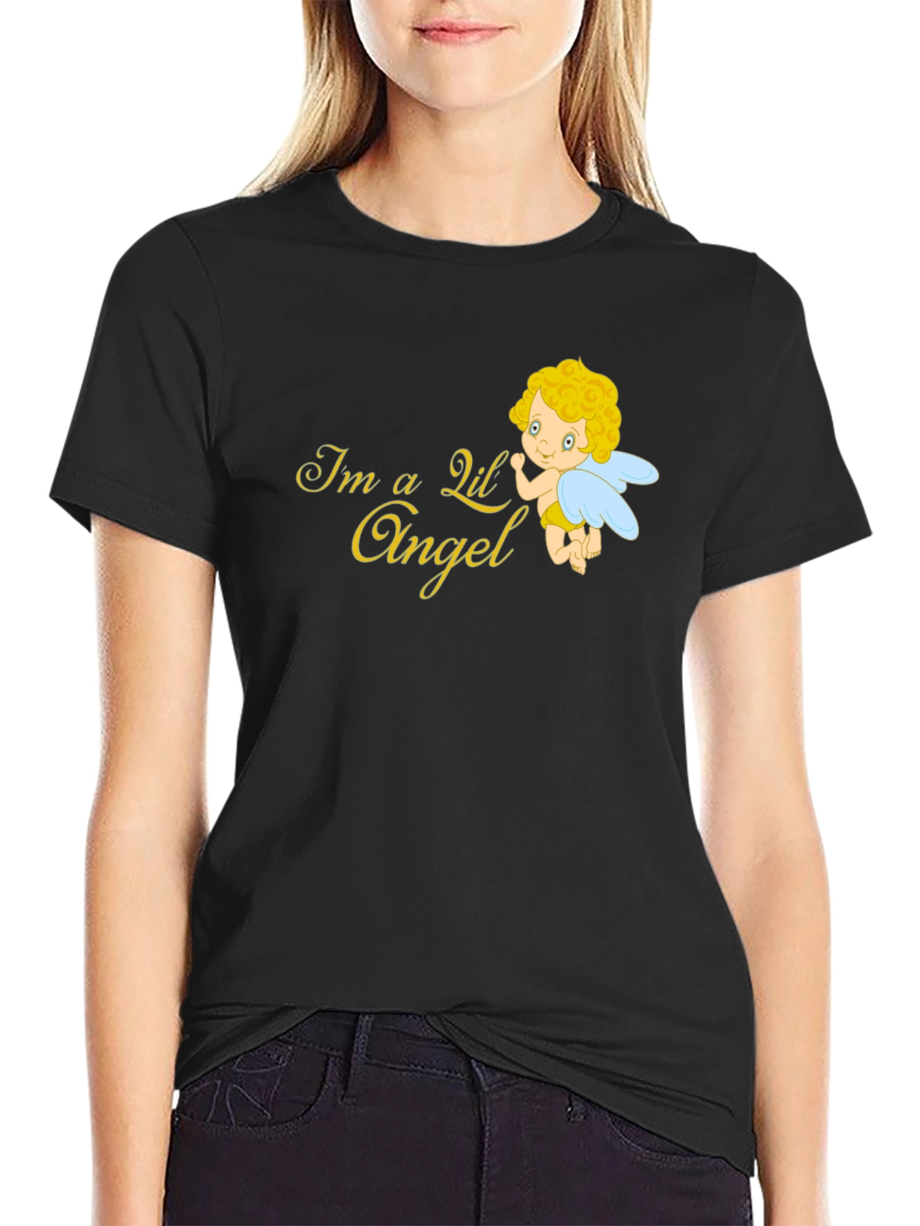 Black Cute Angel Graphic T-Shirt - Black view 2